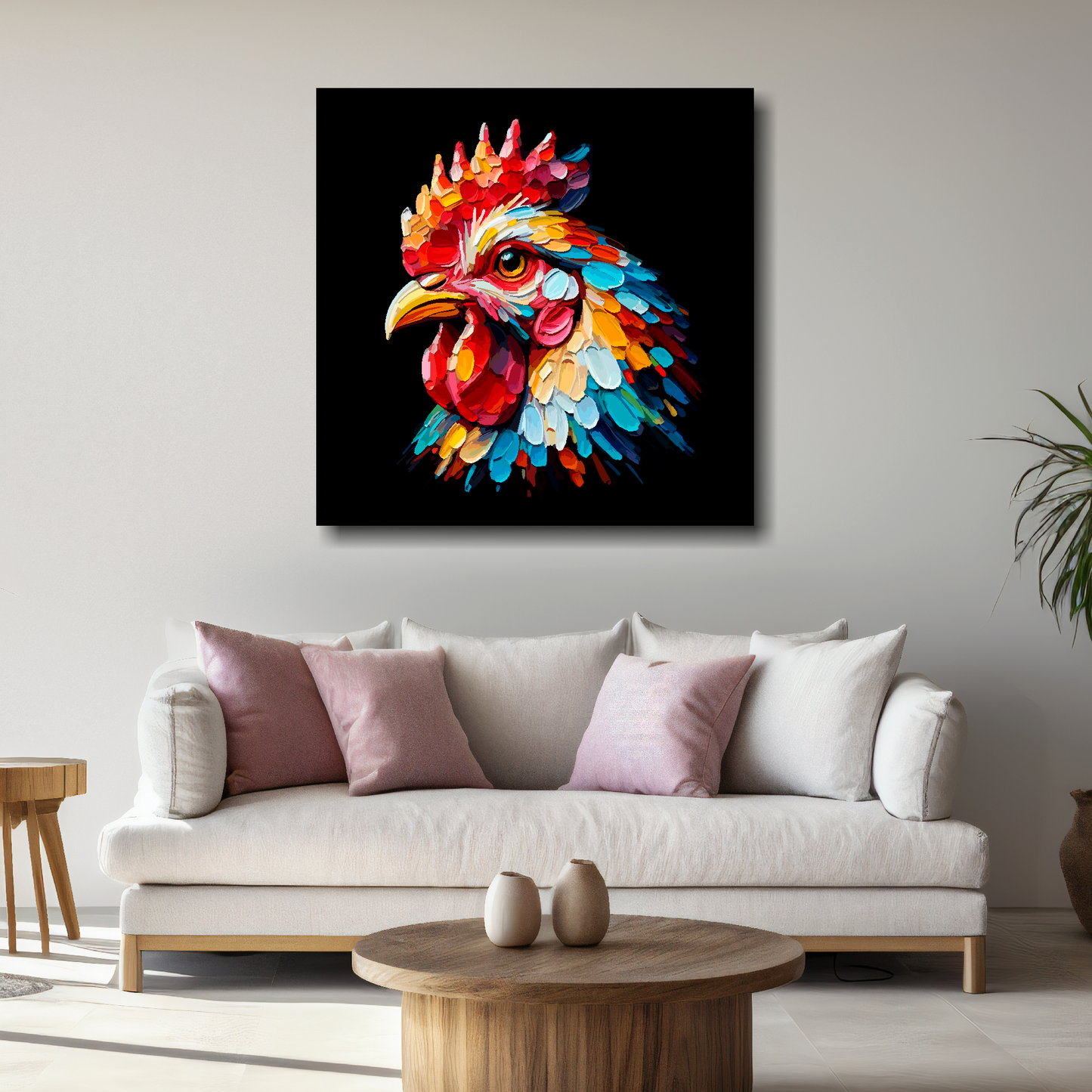 Large canvas wall art - Colourful Chicken portrait on a black background. Available in 3 large sizes.