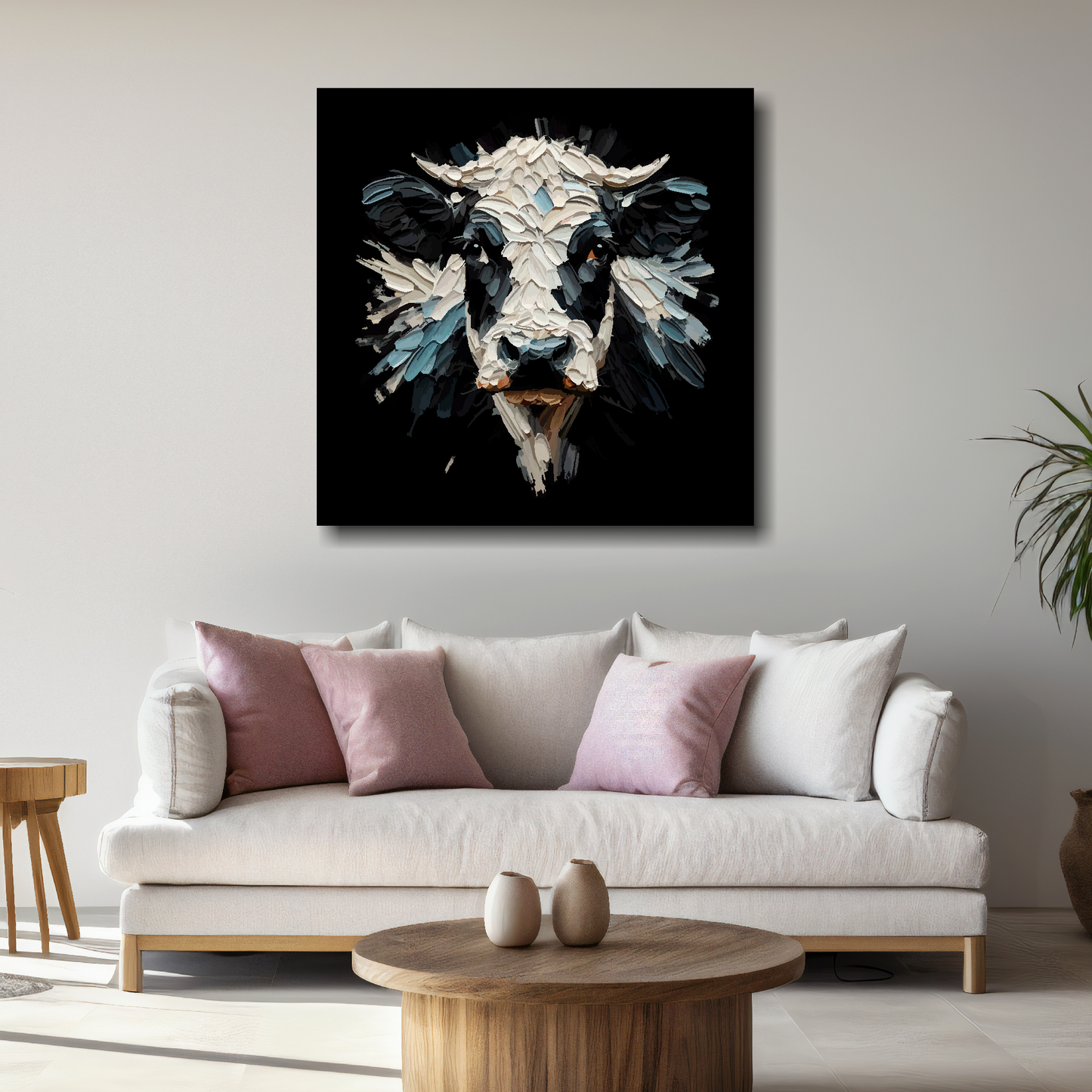 Large canvas wall art - Colourful Dairy Cow portrait on a black background. Available in 3 large sizes.