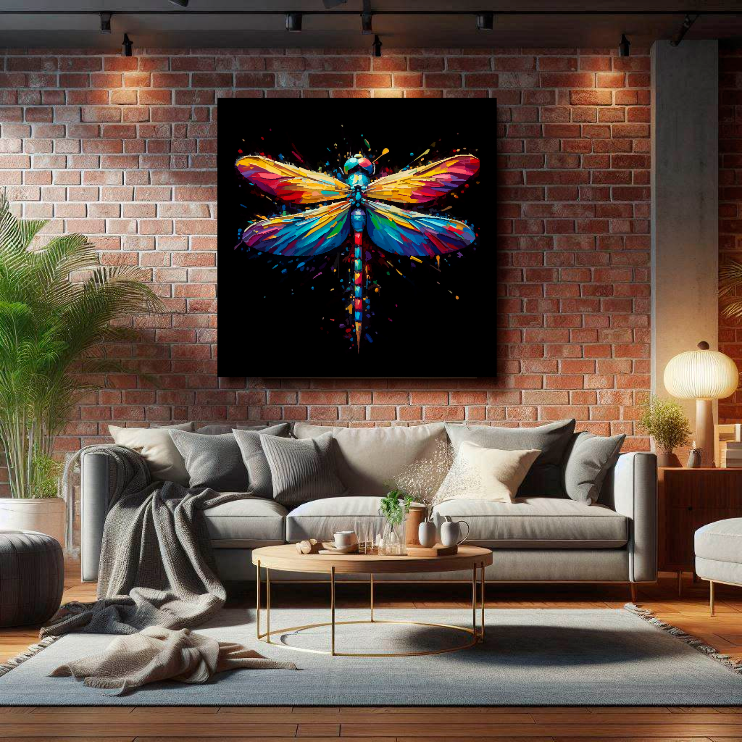 Large canvas wall art - Colourful Dragonfly portrait on a black background. Available in 3 large sizes.
