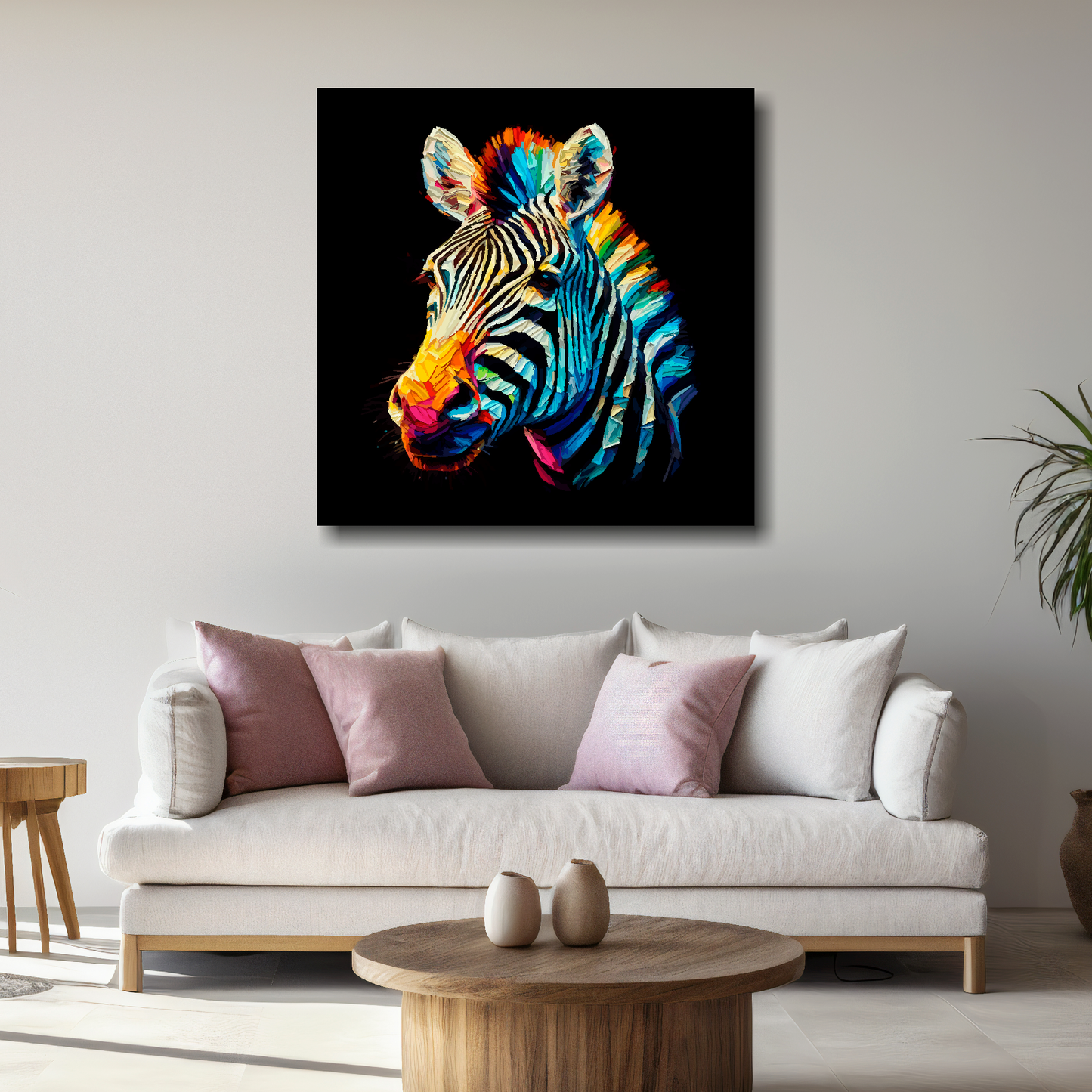 Large canvas print of a vibrant, multi-coloured Zebra on a black background, available in 3 sizes.