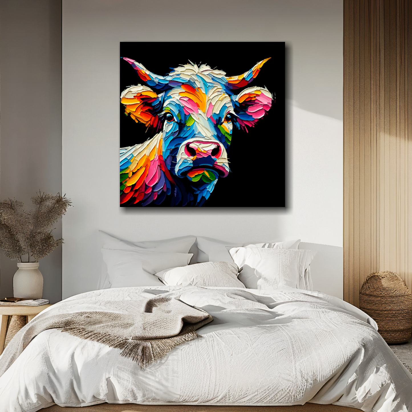 Large canvas wall art - Colourful Cow portrait on a black background. Available in 3 large sizes.