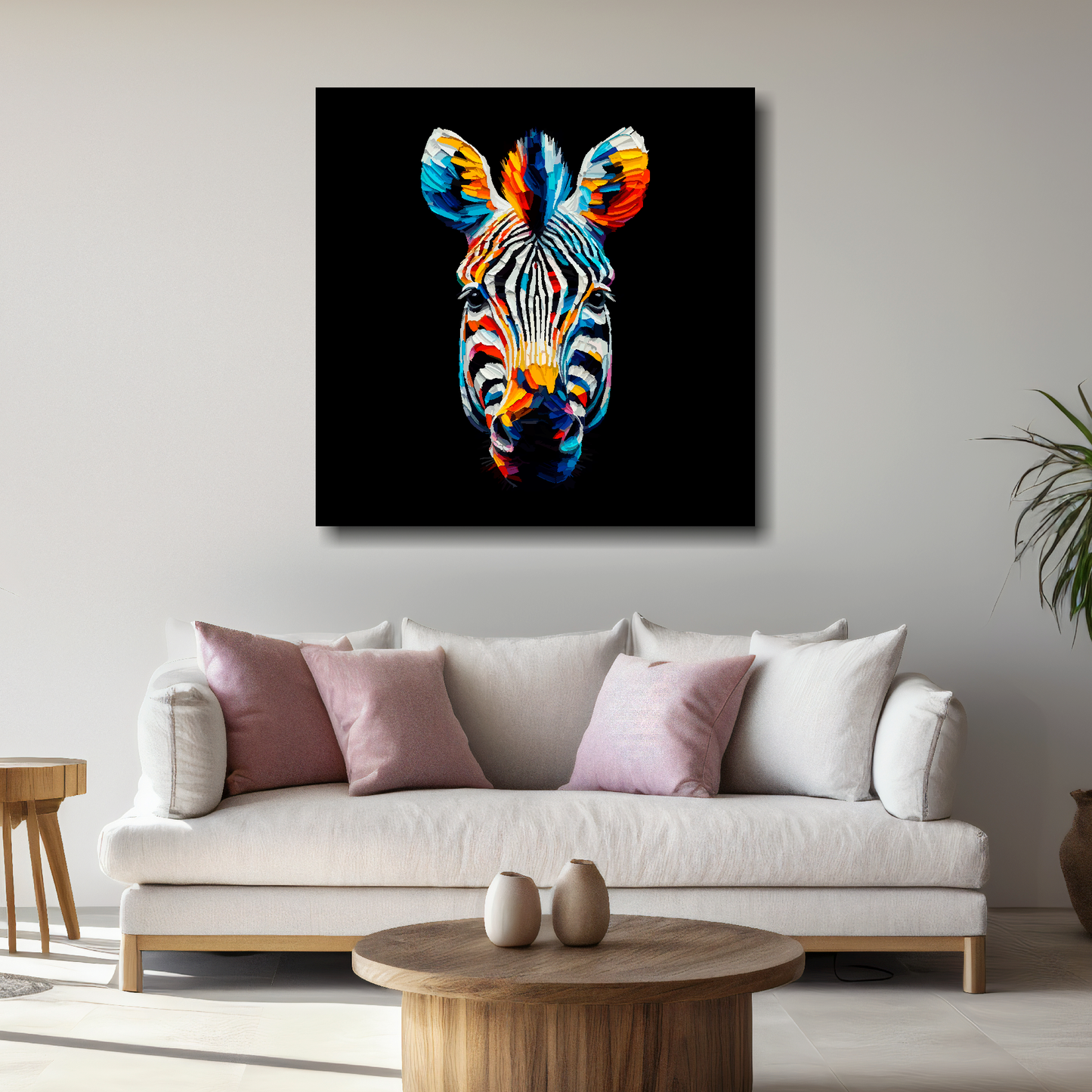 Large canvas print of a vibrant, multi-coloured Zebra on a black background, available in 3 sizes.