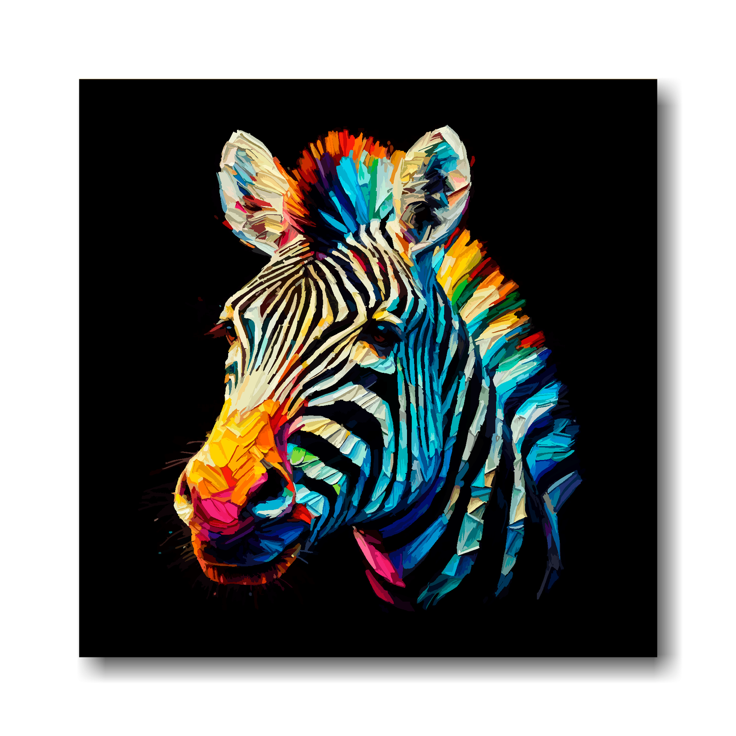 Large canvas print of a vibrant, multi-coloured Zebra on a black background, available in 3 sizes.