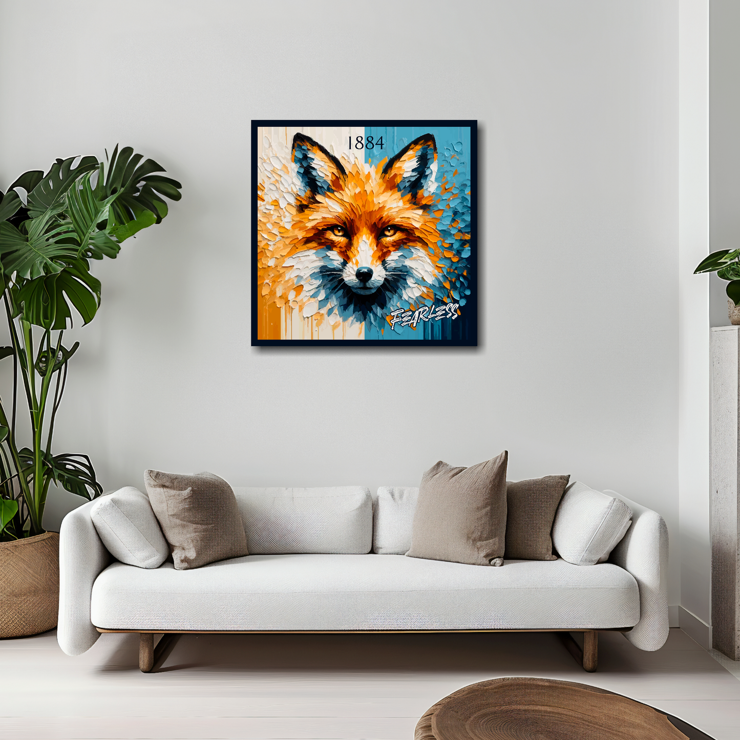 20 inch by 20 inch Leicester City FC inspired canvas, mounted on a living room wall above a white sofa, featuring a large fox head in club colours, with 'Fearless' text.