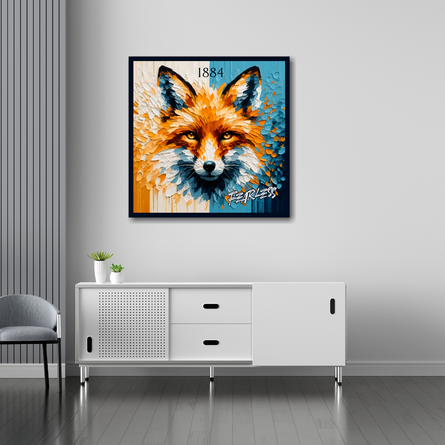 30 inch by 30 inch Leicester City FC inspired canvas, mounted on a living room wall above a white sideboard, featuring a large fox head in club colours, with 'Fearless' text.