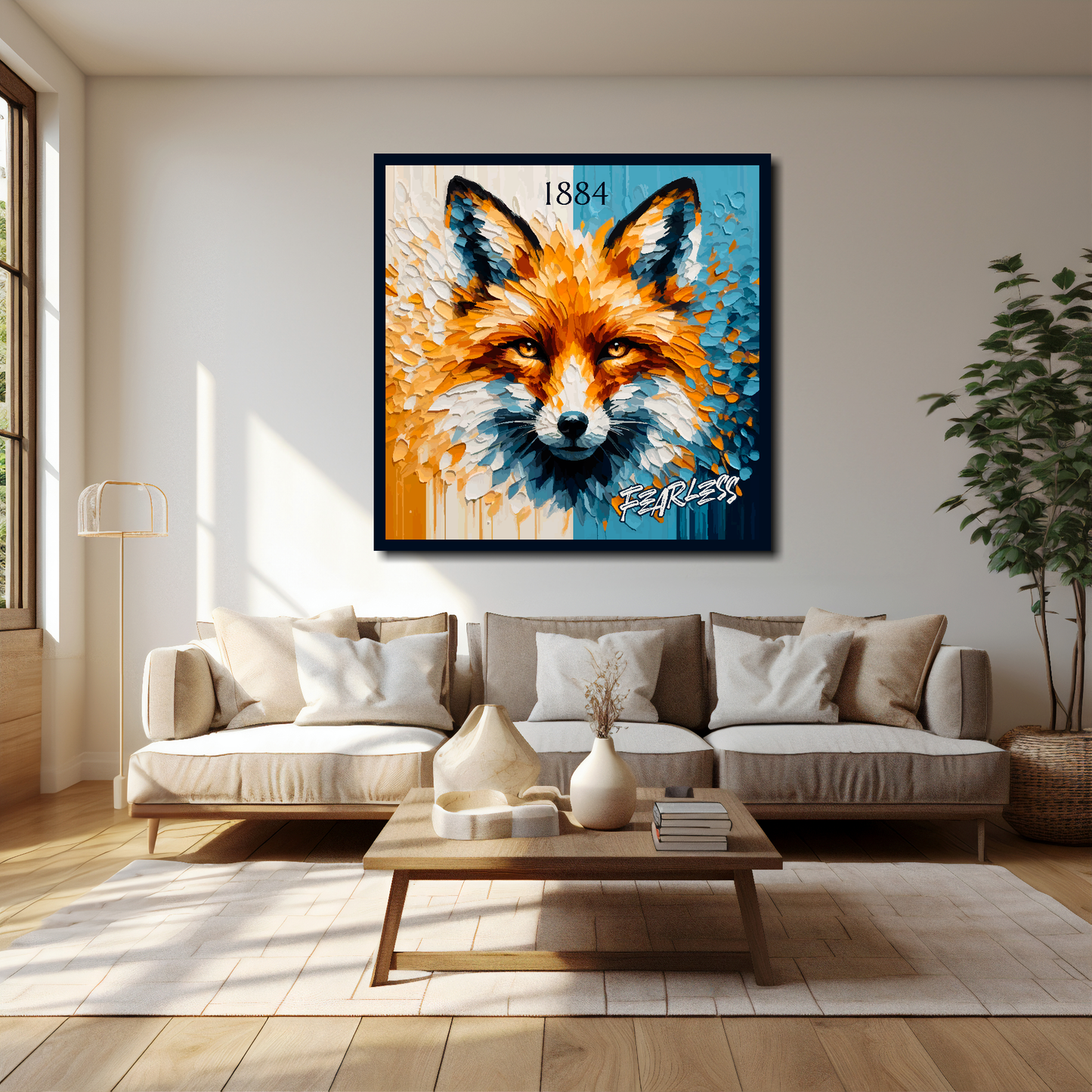 40 inch by 40 inch Leicester City FC inspired canvas, mounted on a living room wall above a cream sofa, featuring a large fox head in club colours, with 'Fearless' text.