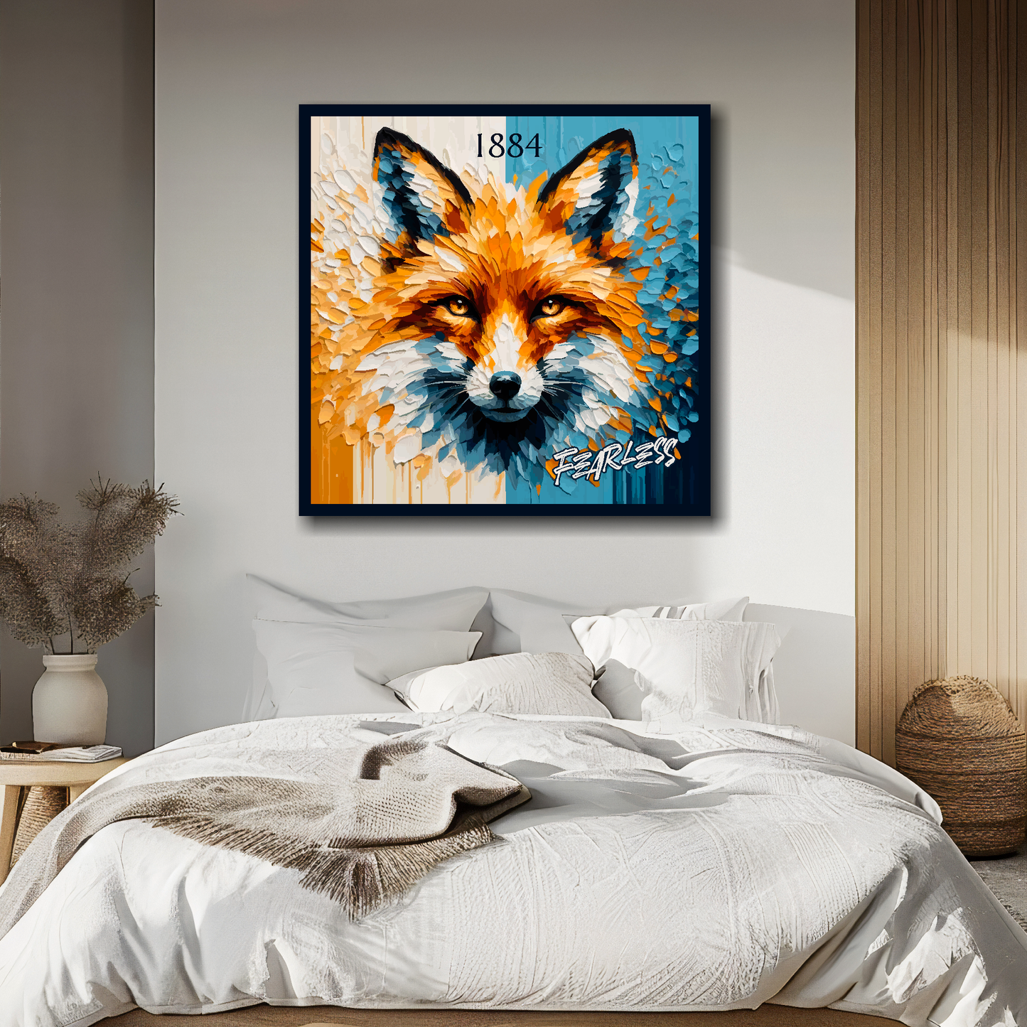 Leicester City FC inspired canvas, mounted on a bedroom wall above adouble bed, featuring a large fox head in club colours, with 'Fearless' text.