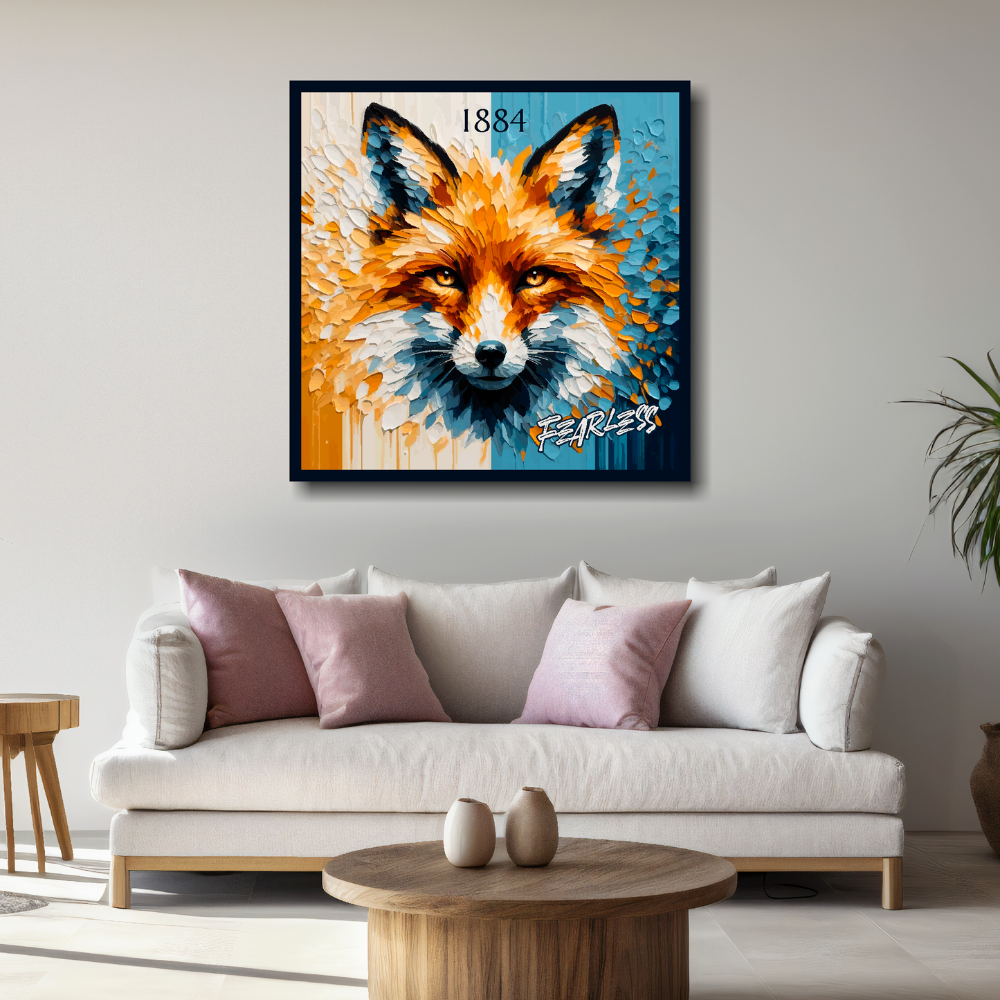 Leicester City FC inspired canvas, mounted on a living room wall above a white sofa, featuring a large fox head in club colours, with 'Fearless' text.