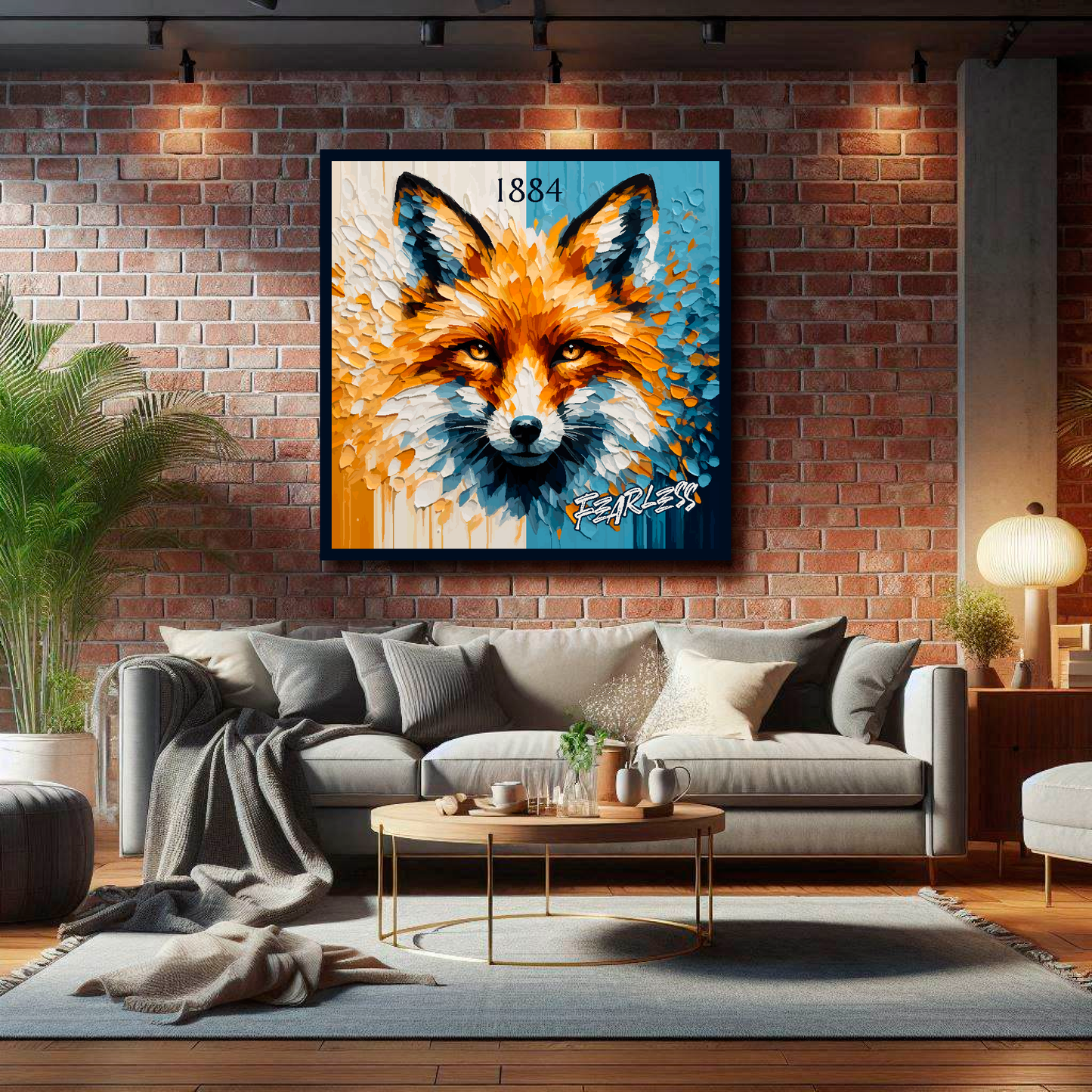 Leicester City FC inspired XL canvas, mounted on a living room wall above a grey sofa, featuring a large fox head in club colours, with 'Fearless' text.