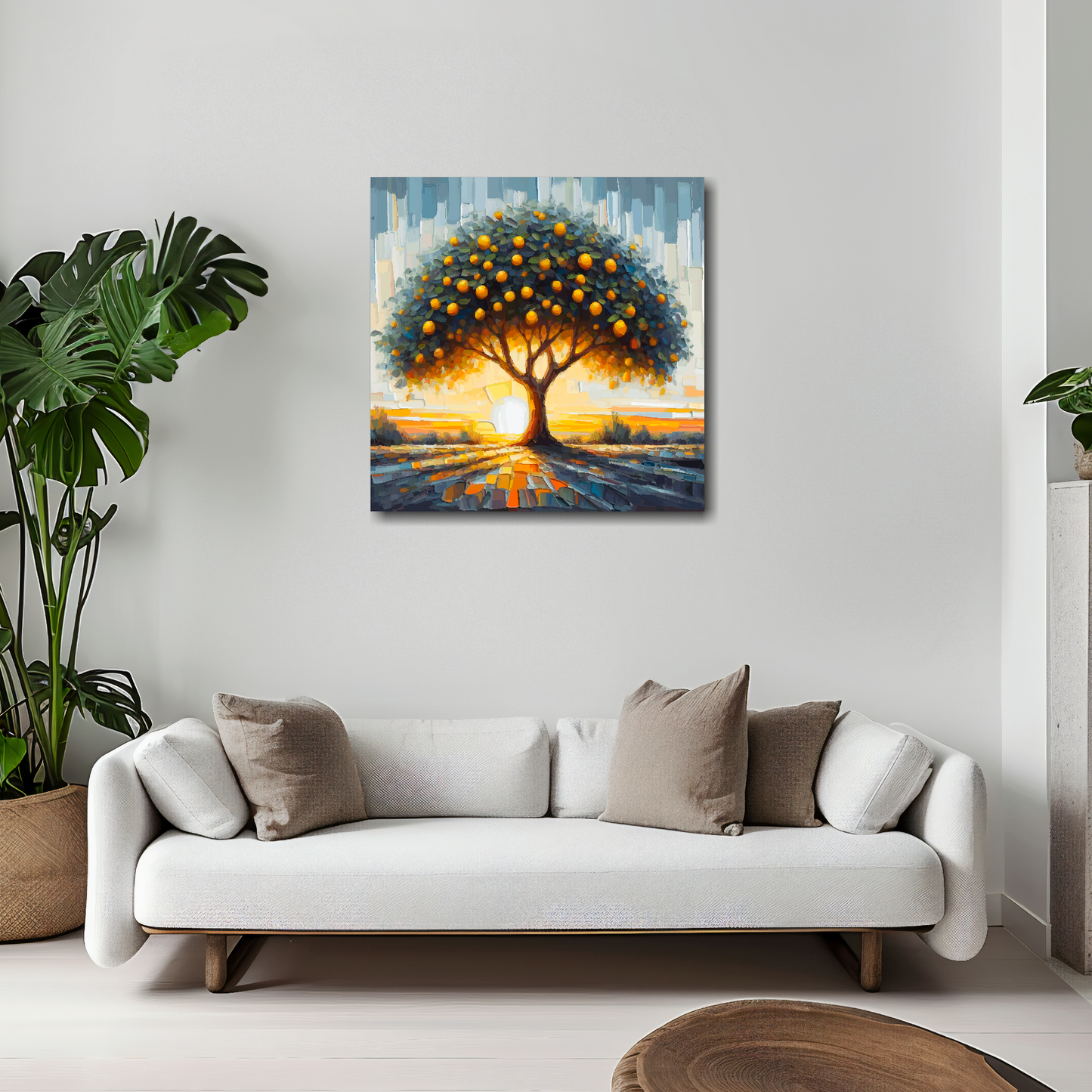20 inch by 20 inch square canvas featuring a Lemon Tree. Mounted on a white wall above a white sofa with decorative pillows.