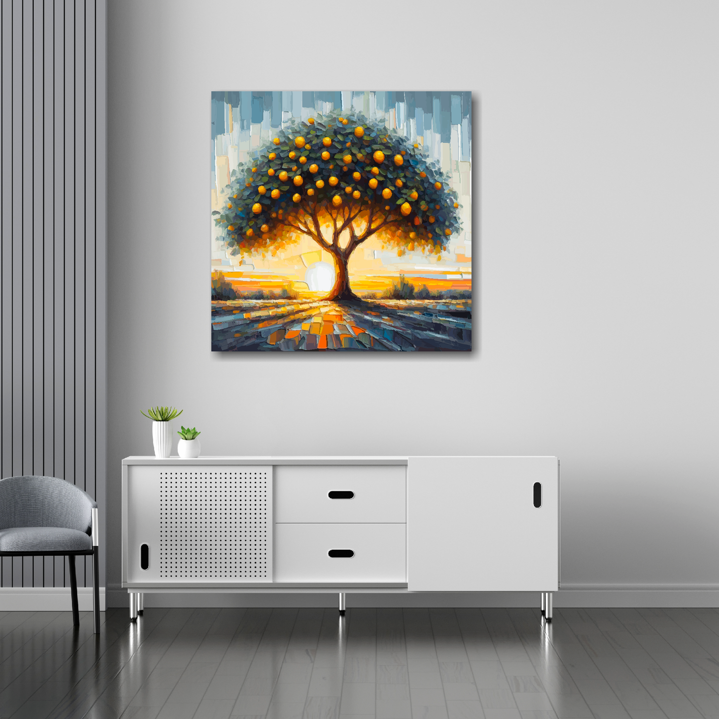30 inch by 30 inch square canvas featuring a Lemon Tree. Mounted on a white wall above a white sideboard.