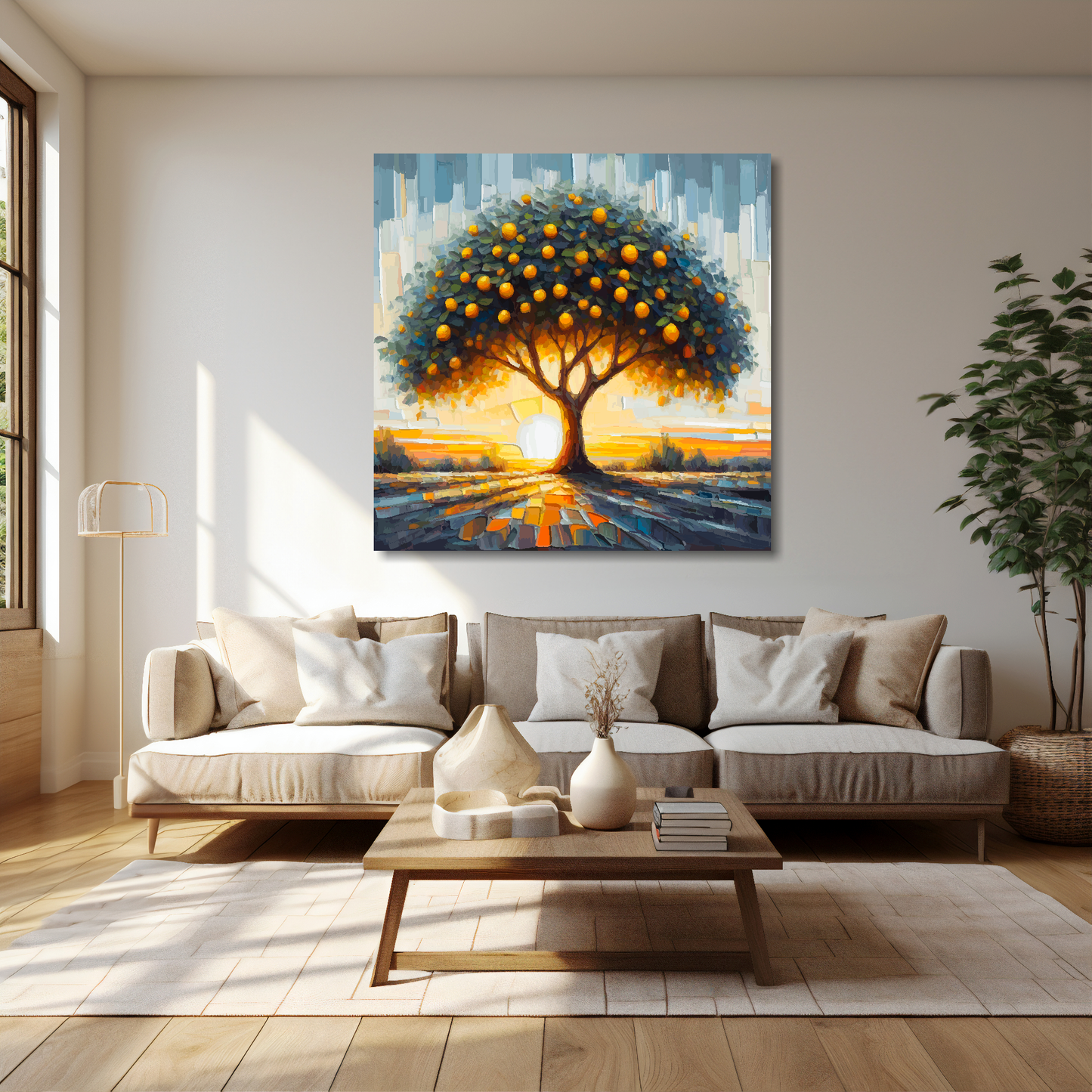 40 inch by 40 inch square canvas featuring a Lemon Tree. Mounted on a cream wall above a cream sofa with decorative pillows.