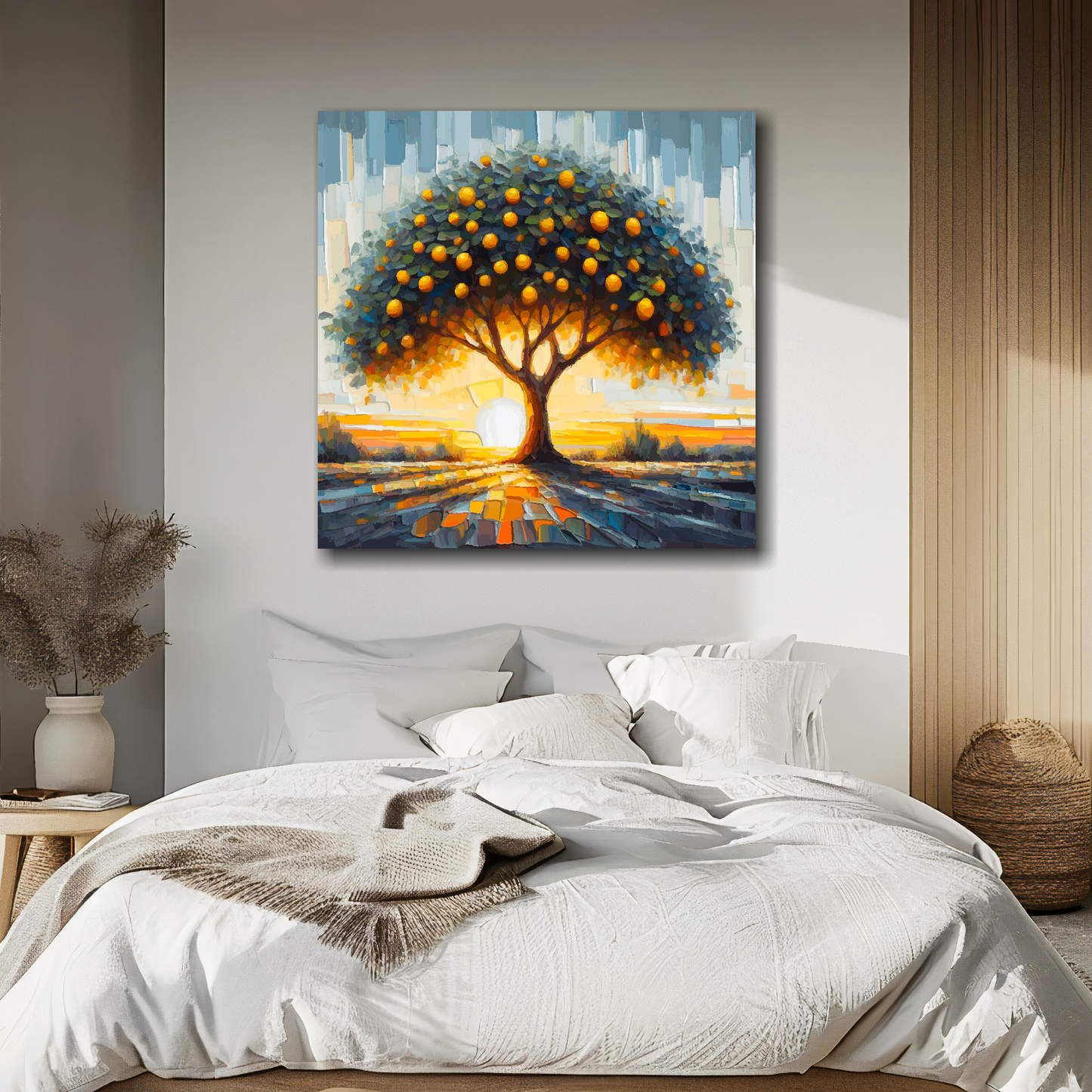 XL square canvas featuring a Lemon Tree. Mounted on a white wall above a double bed.