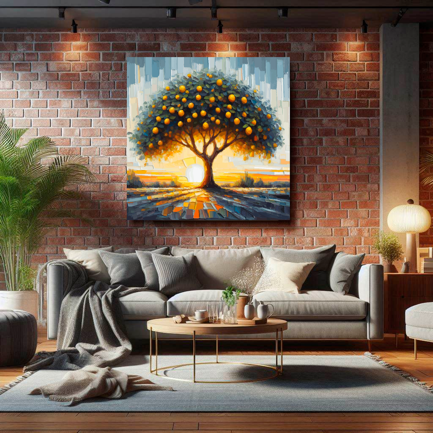 Large square canvas featuring a Lemon Tree. Mounted on a brick wall above a grey sofa with decorative pillows.