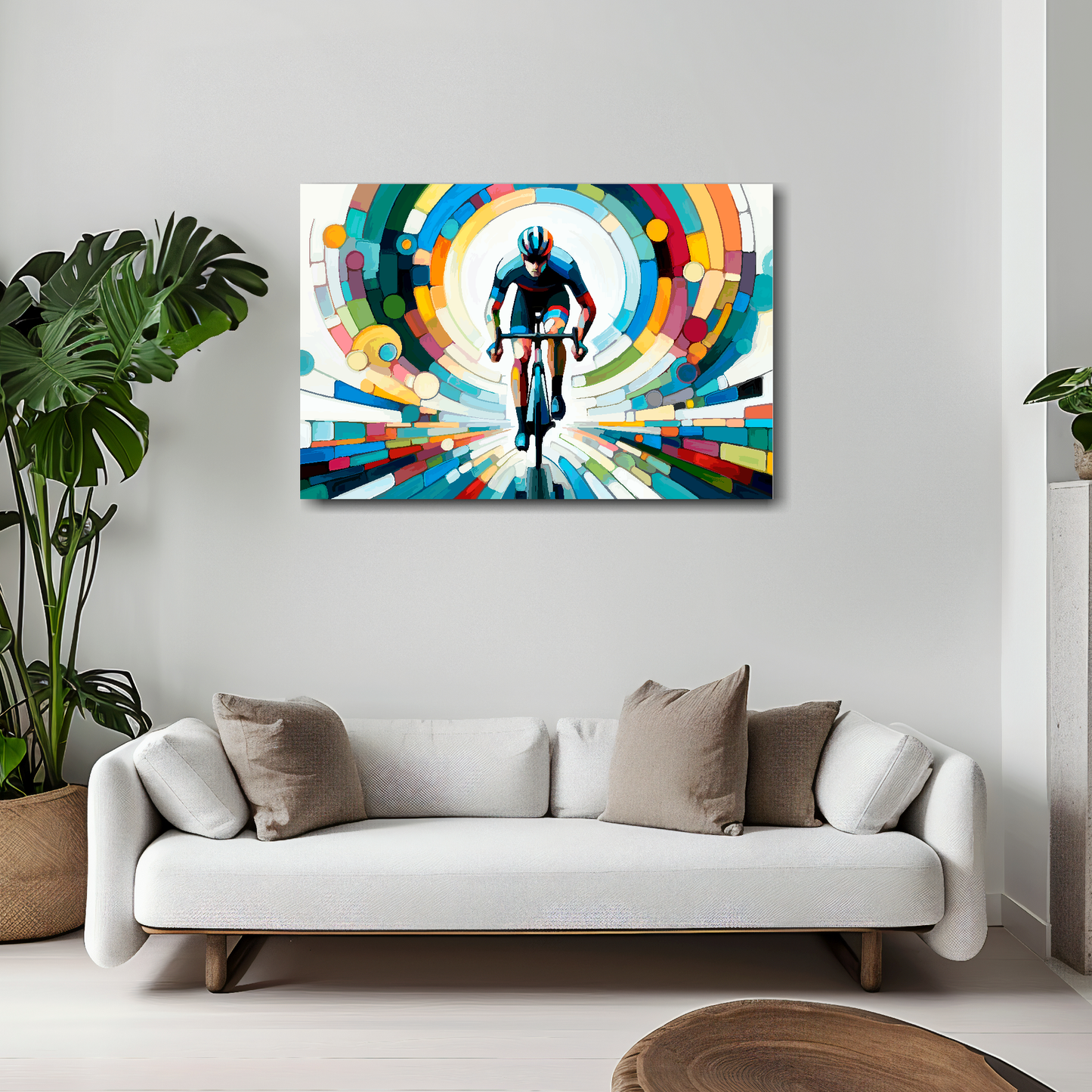 30 inch by 20 inch canvas featuring a colourful cyclist. Mounted on a white wall above a white sofa with decorative pillows.
