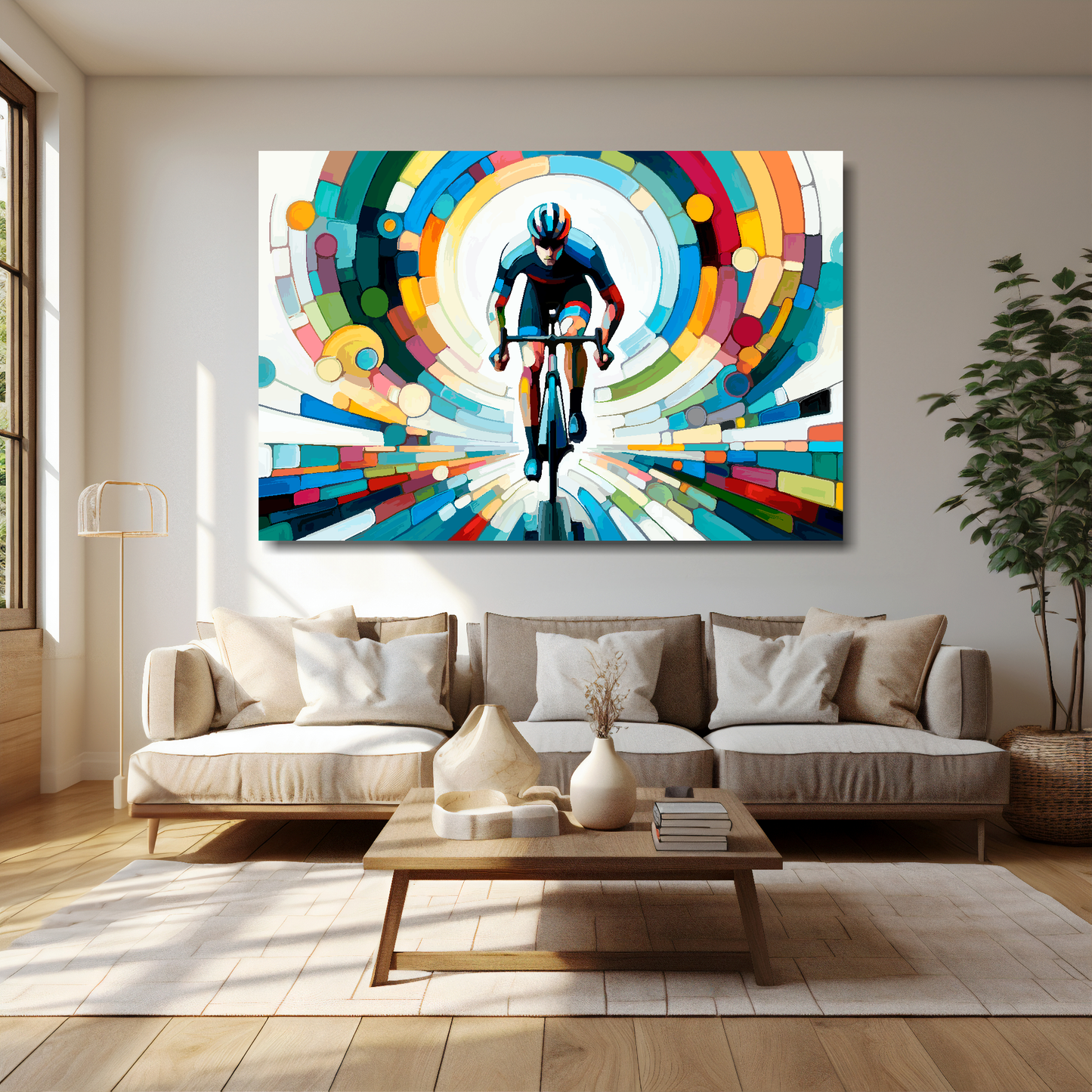 60 inch by 40 inch canvas featuring a colourful cyclist. Mounted on a cream wall above a cream sofa with decorative pillows.