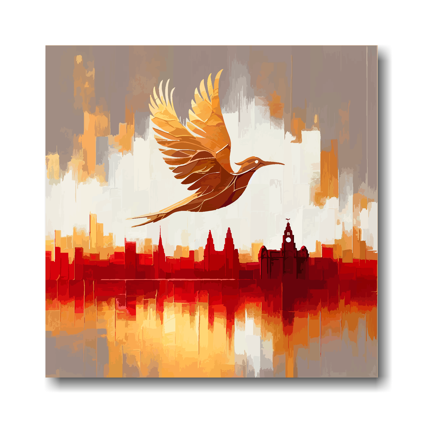 Gold Liverbird on a red and white abstract background