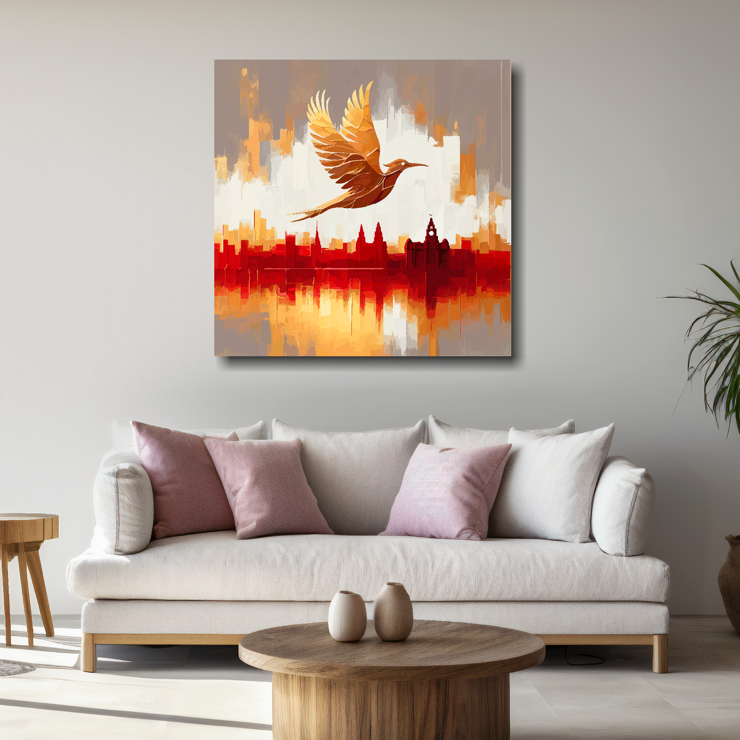 Decorative painting of a Liverbird over a cityscape on a wall above a sofa.