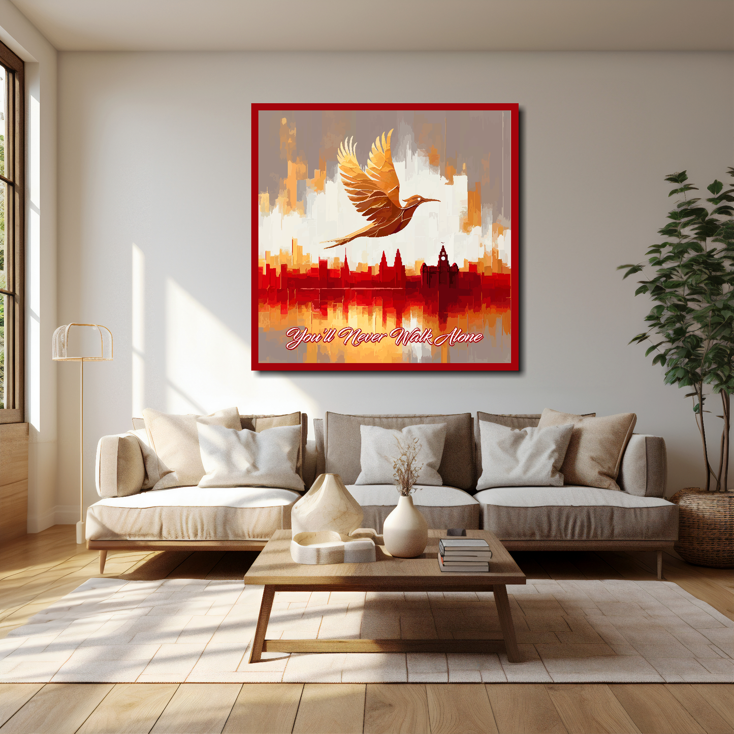 40 inch by 40 inch Liverpool FC inspired canvas, mounted on a living room wall above a cream sofa, featuring a Liver bird flying over a Liverpool skyline with the words 'You'll Never Walk Alone' in red and white.
