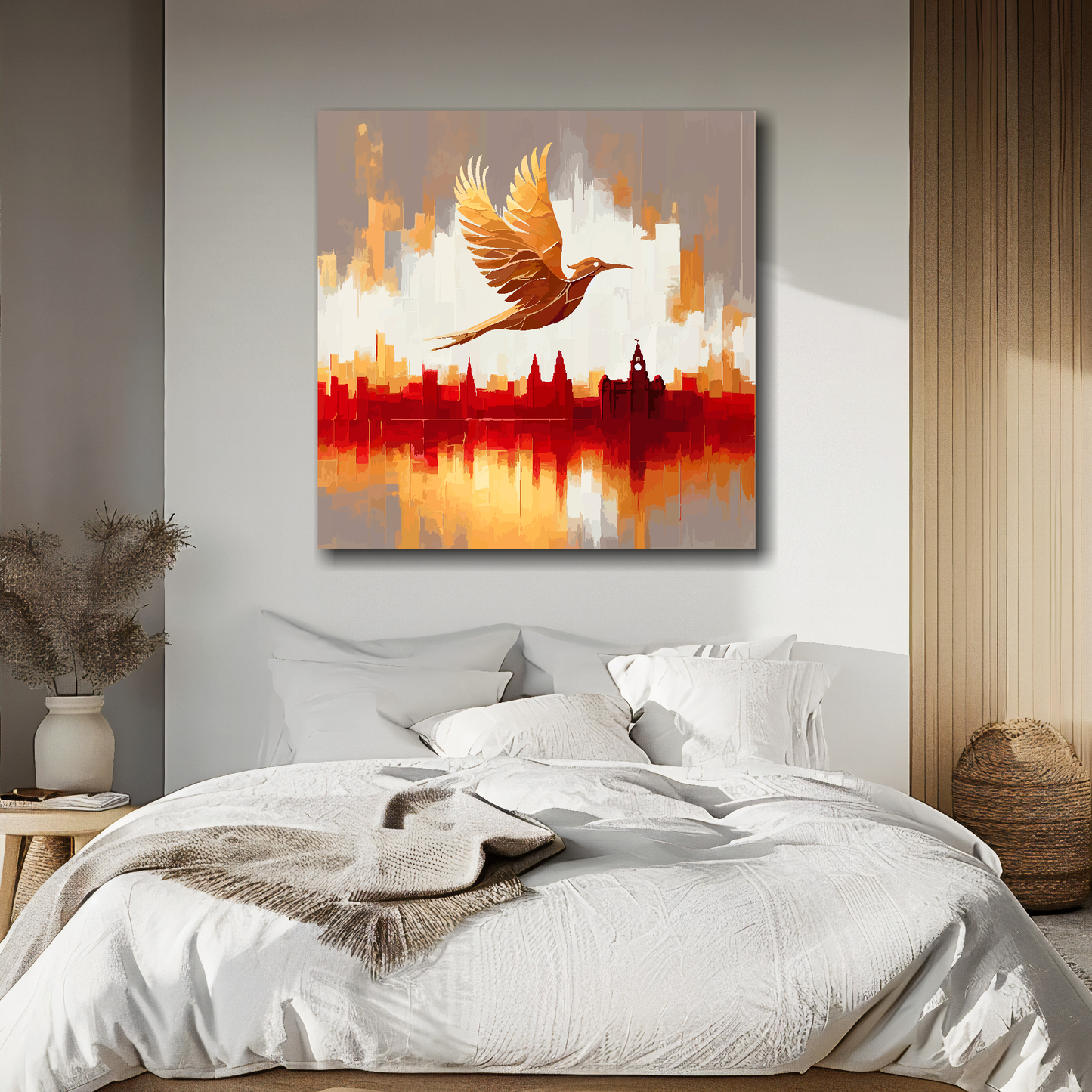 Decorative abstract painting of a Liverbird over a cityscape on a wall above a bed.