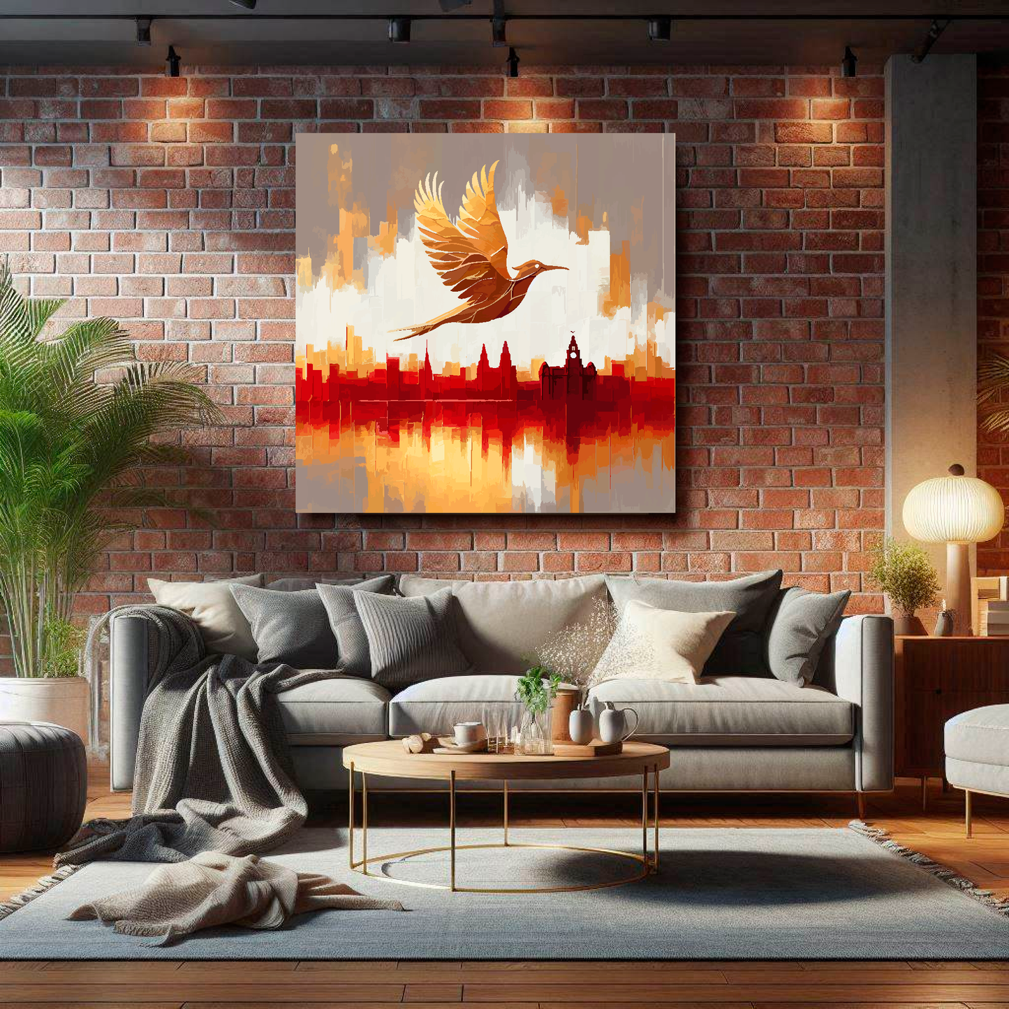 Living room with a gray sofa, coffee table, and a large painting of a Liverbird over a Liverpool cityscape on a brick wall.