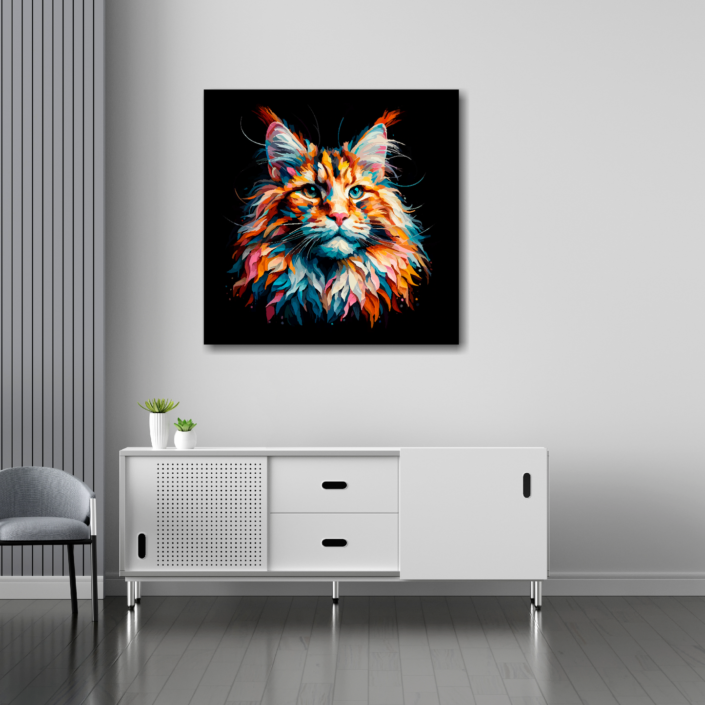 30 inch by 30 inch square canvas of a colourful Maine Coon cat head portrait on a black background. Mounted on a white wall above a white sideboard.