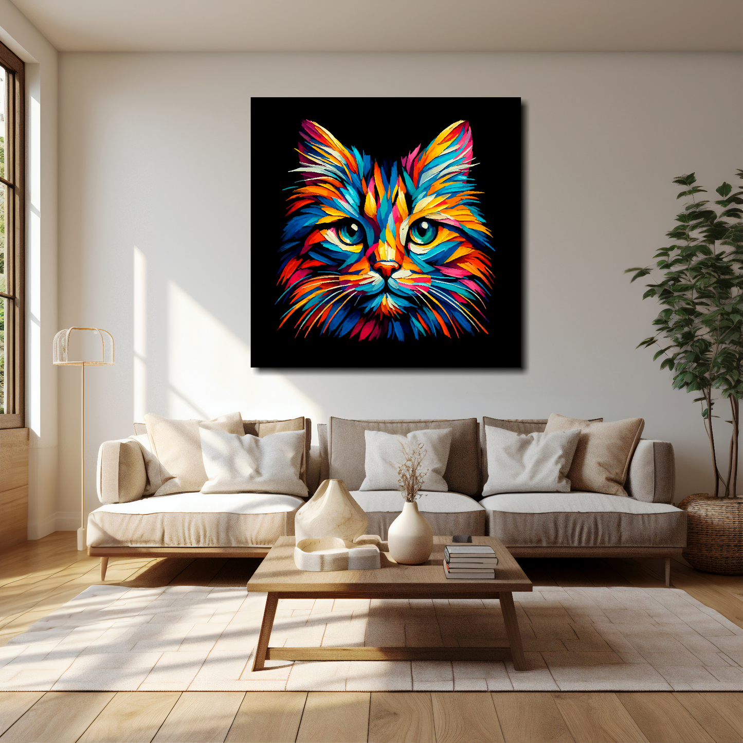 40 inch by 40 inch square canvas of a colourful Manx cat head portrait on a black background. Mounted on a white wall above a cream sofa with decorative pillows.