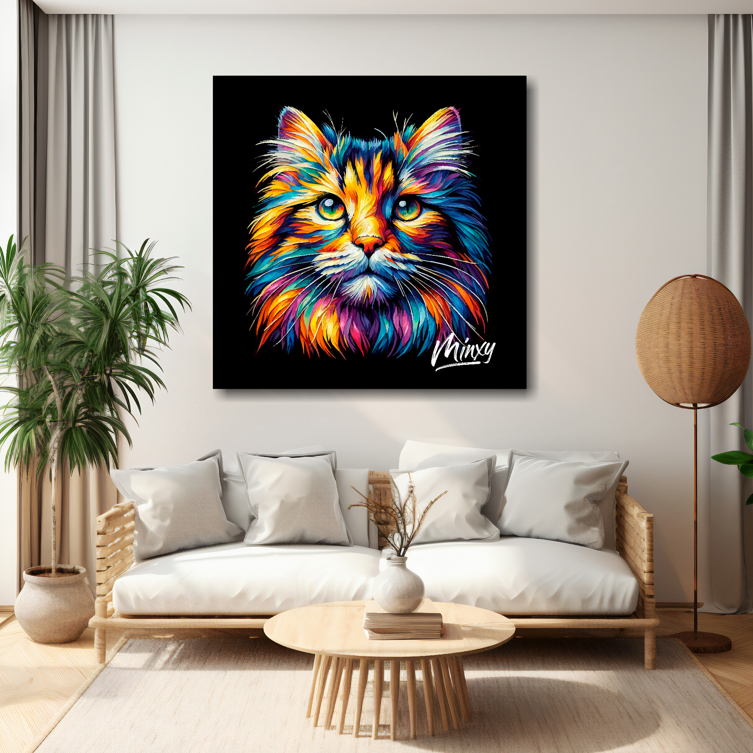 Colourful cat portrait mounted on a cream wall above a white sofa in a living room.