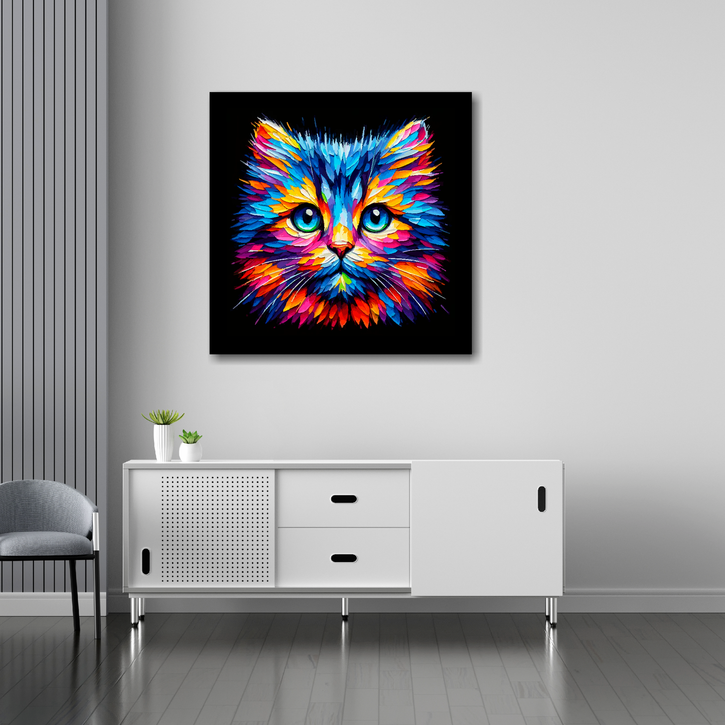 30 inch by 30 inch square canvas of a colourful Moggie cat head portrait on a black background. Mounted on a white wall above a white sideboard.