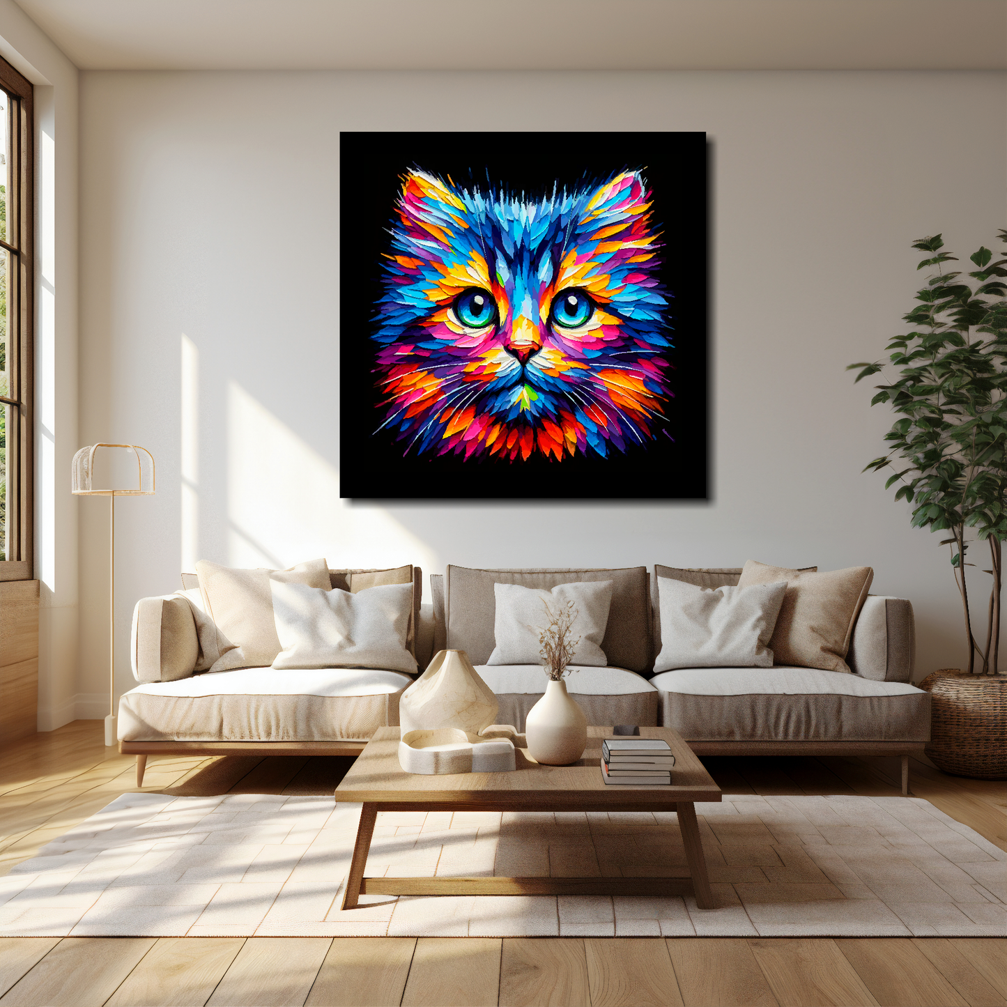 40 inch by 40 inch square canvas of a colourful Moggie cat head portrait on a black background. Mounted on a white wall above a cream sofa with decorative pillows.