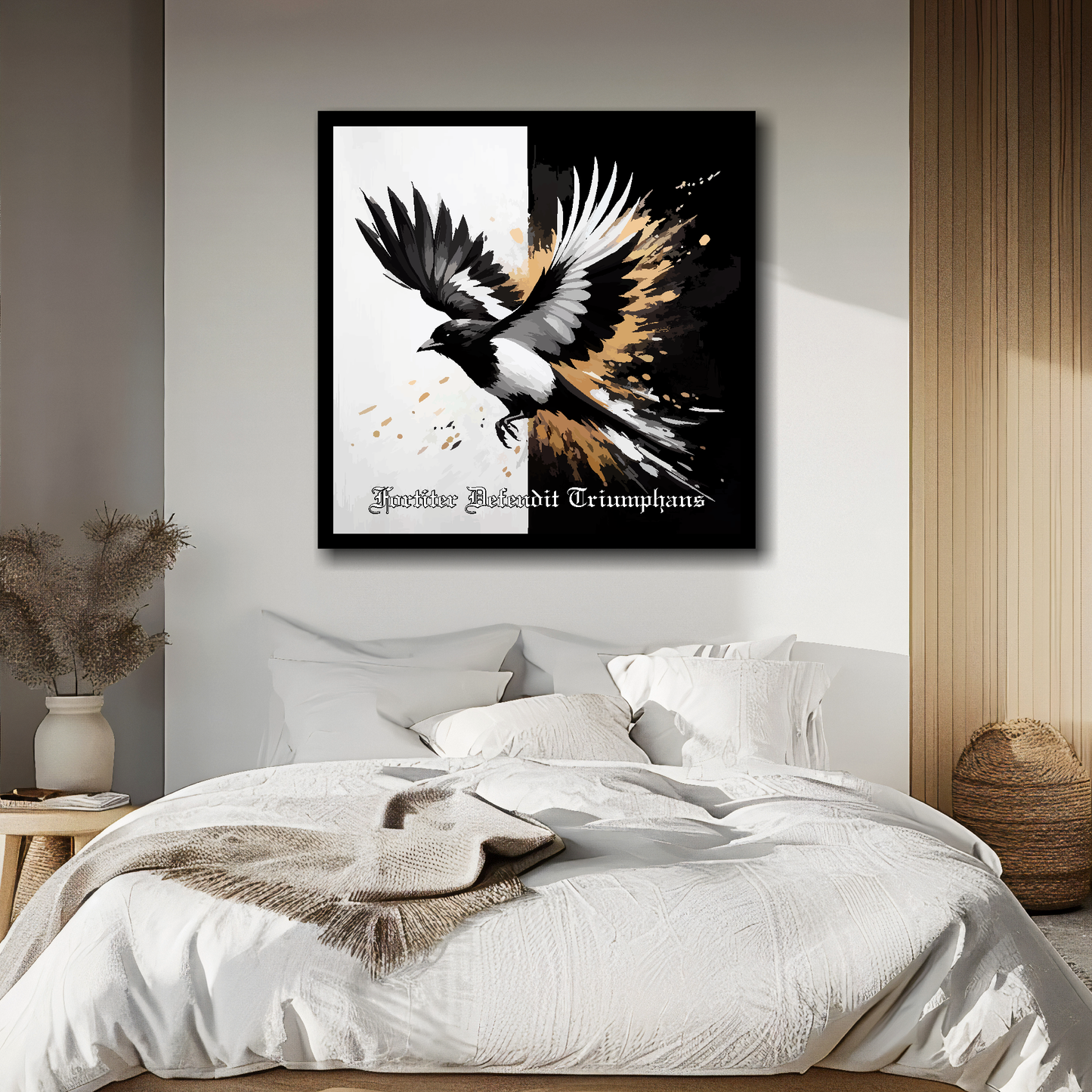 Newcastle United FC inspired canvas, mounted on a white bedroom wall above a double bed, featuring a flying magpie on a Black and white background. Motto at the bottom reading 'Fortiter Defendit Triumphans'.