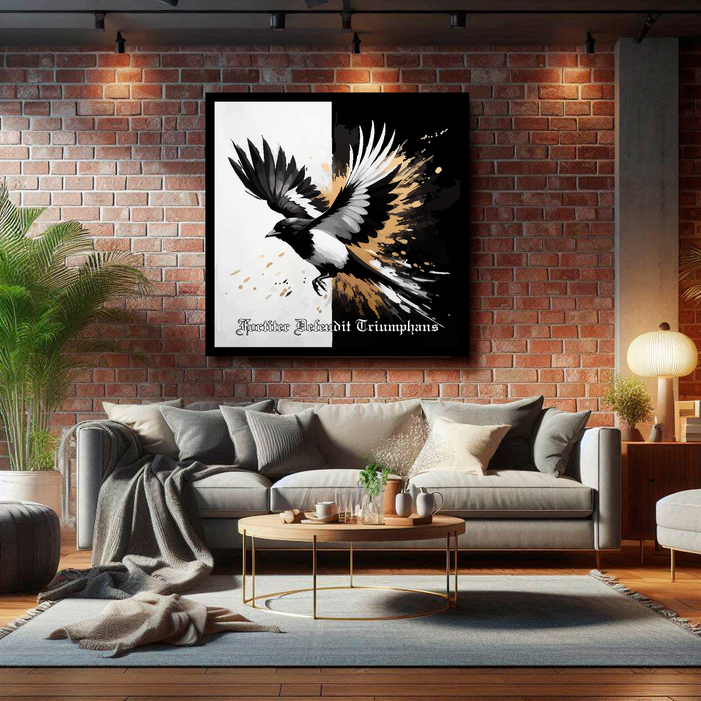 Newcastle United FC inspired canvas, mounted on a living room wall above a grey sofa, featuring a flying magpie on a Black and white background. Motto at the bottom reading 'Fortiter Defendit Triumphans'.