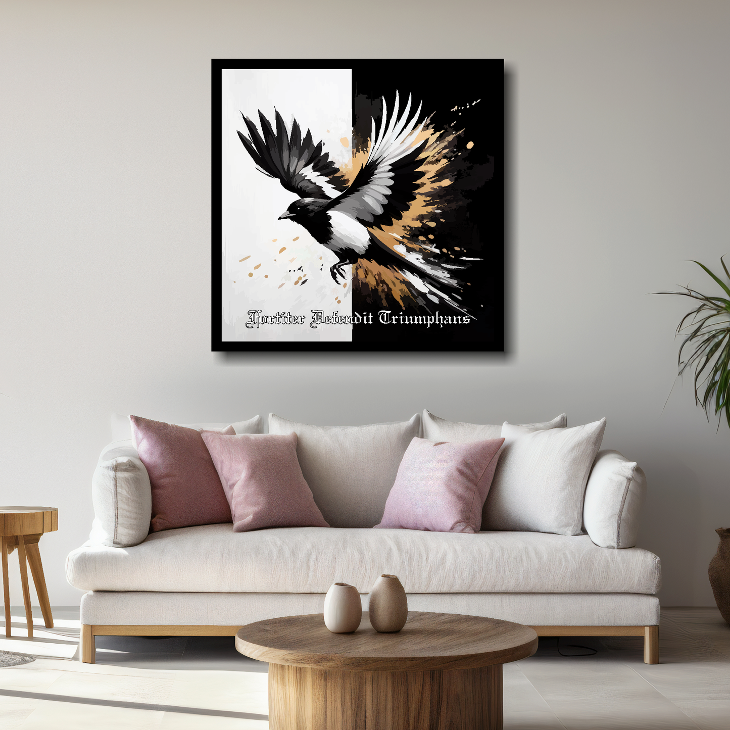 Newcastle United FC inspired canvas, mounted on a living room wall above a white sofa, featuring a flying magpie on a Black and white background. Motto at the bottom reading 'Fortiter Defendit Triumphans'.