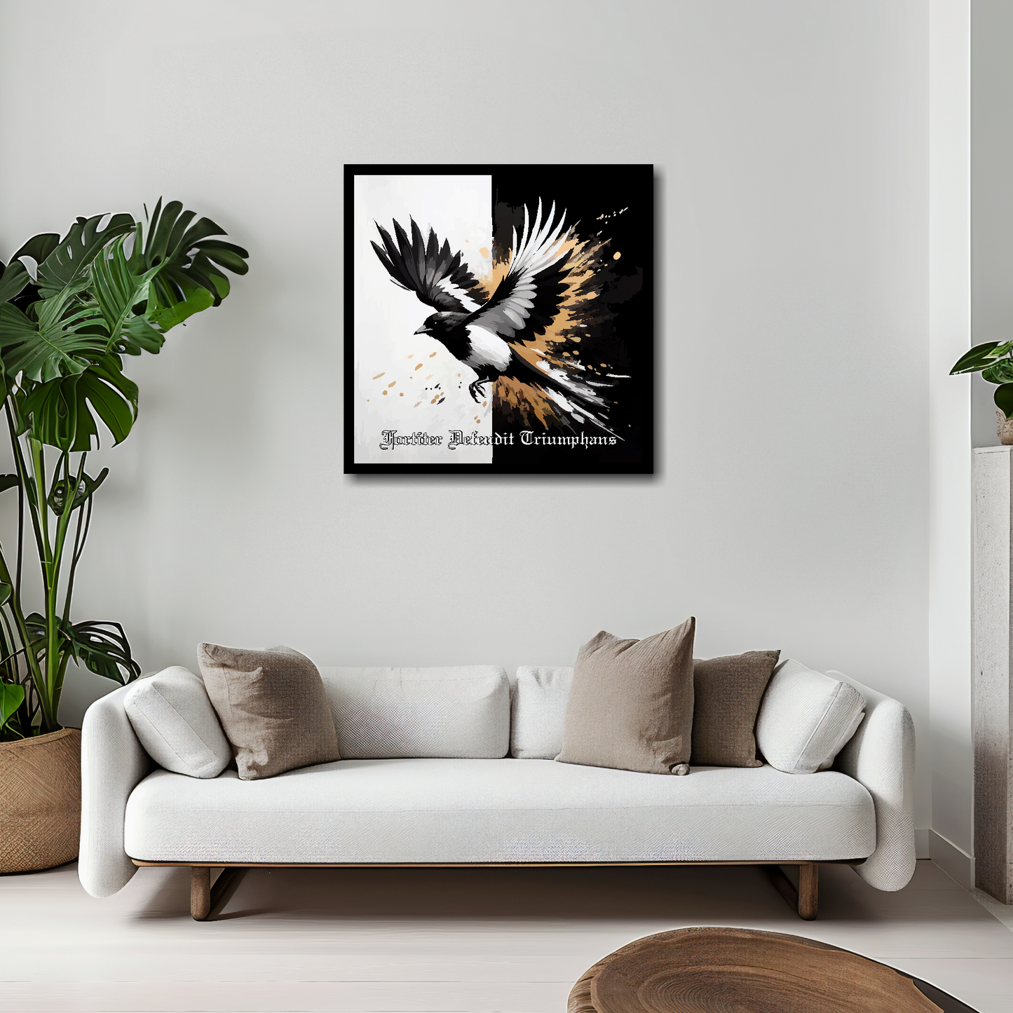 20 inch by 20 inch Newcastle United FC inspired canvas, mounted on a living room wall above a white sofa, featuring a flying magpie on a Black and white background. Motto at the bottom reading 'Fortiter Defendit Triumphans'.