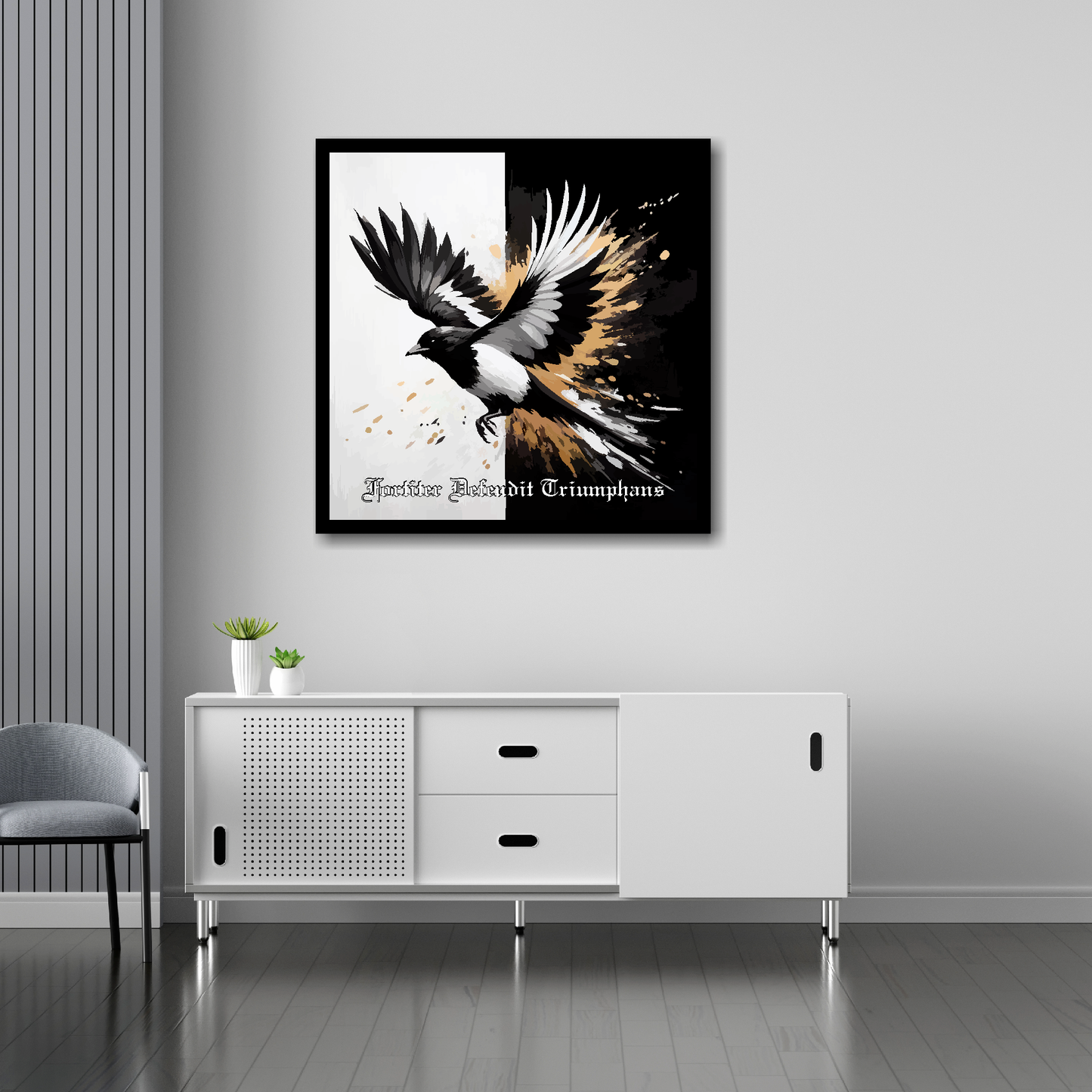 30 inch by 30 inch Newcastle United FC inspired canvas, mounted on a living room wall above a white sideboard. featuring a flying magpie on a Black and white background. Motto at the bottom reading 'Fortiter Defendit Triumphans'.