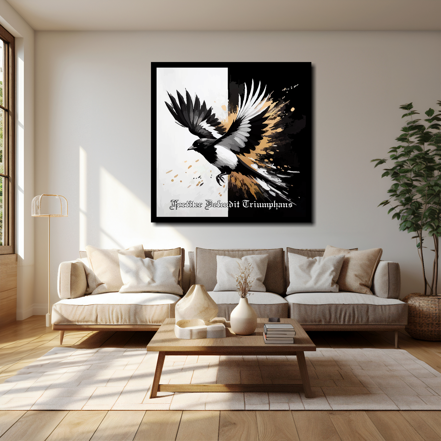 40 inch by 40 inch Newcastle United FC inspired canvas, mounted on a living room wall above a cream sofa, featuring a flying magpie on a Black and white background. Motto at the bottom reading 'Fortiter Defendit Triumphans'.
