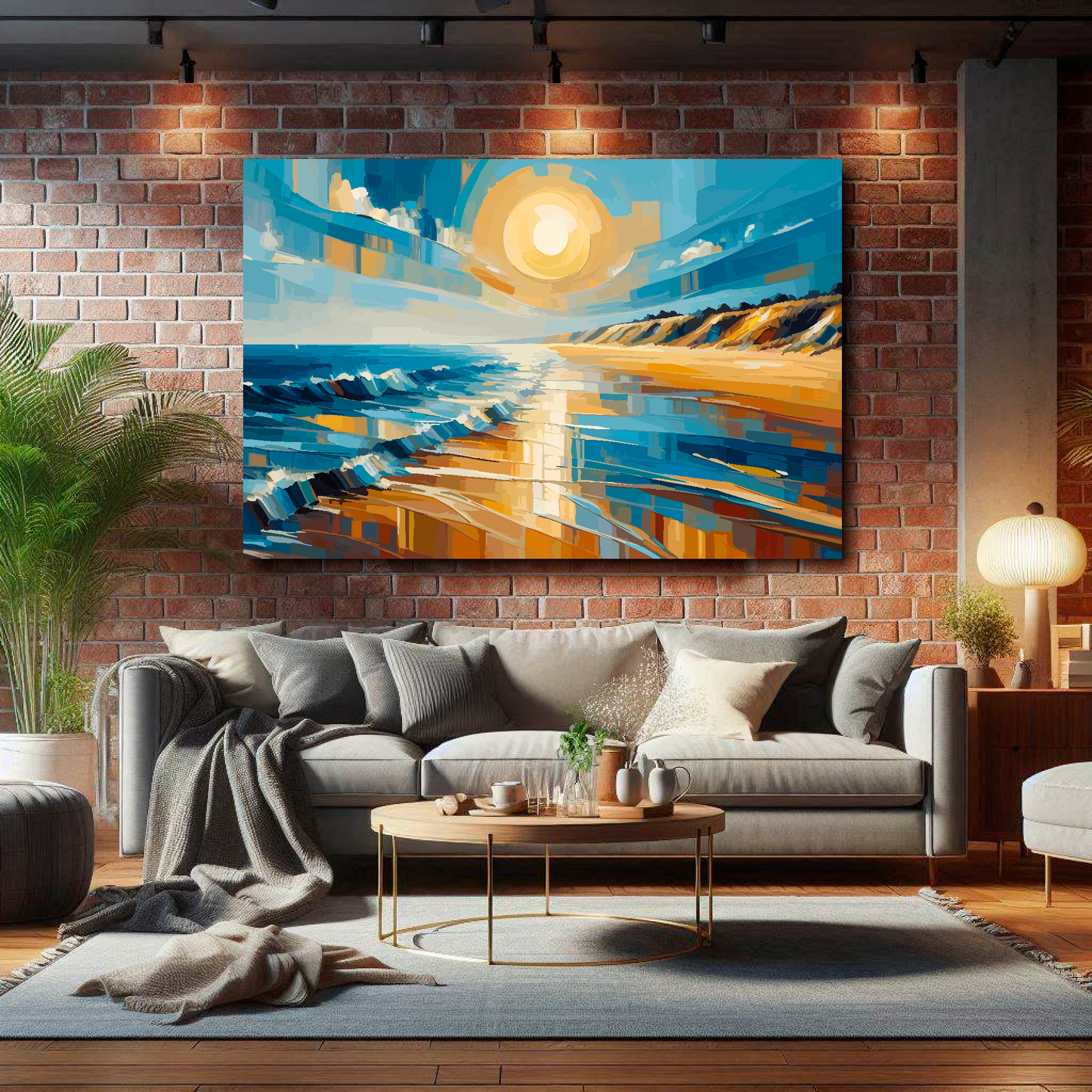 Large canvas wall art - A vibrant multi-coloured golden beach landscape. Available in 3 large sizes.