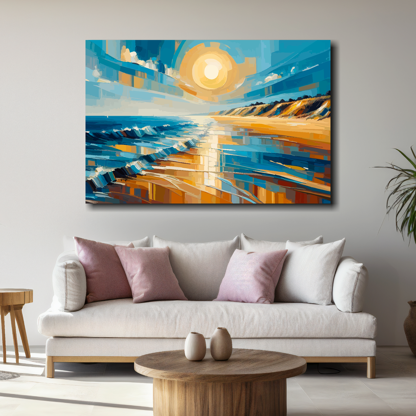 Large canvas wall art - A vibrant multi-coloured golden beach landscape. Available in 3 large sizes.