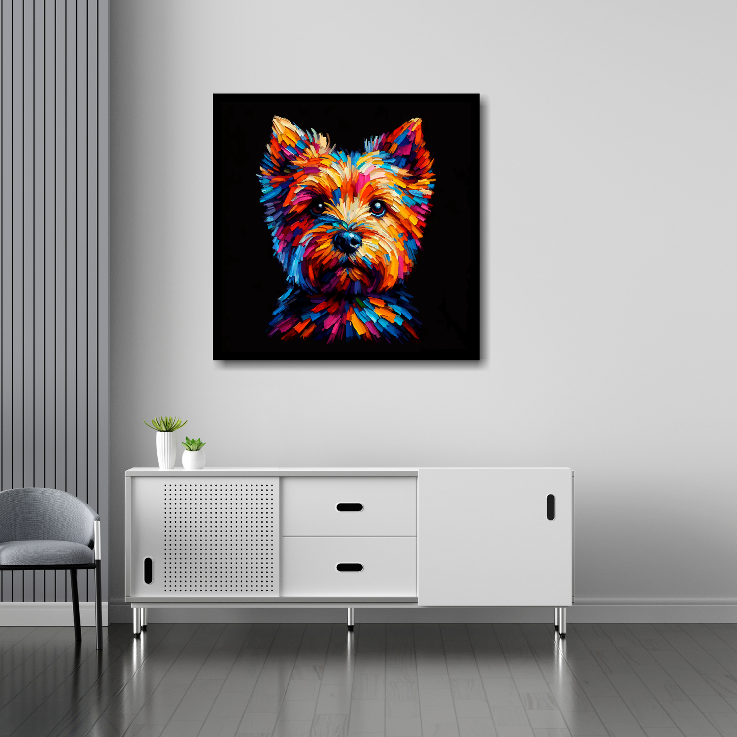 30 inch by 30 inch square canvas featuring a multi-coloured Norfolk Terrier dog portrait. Mounted on a white wall above a white sideboard.