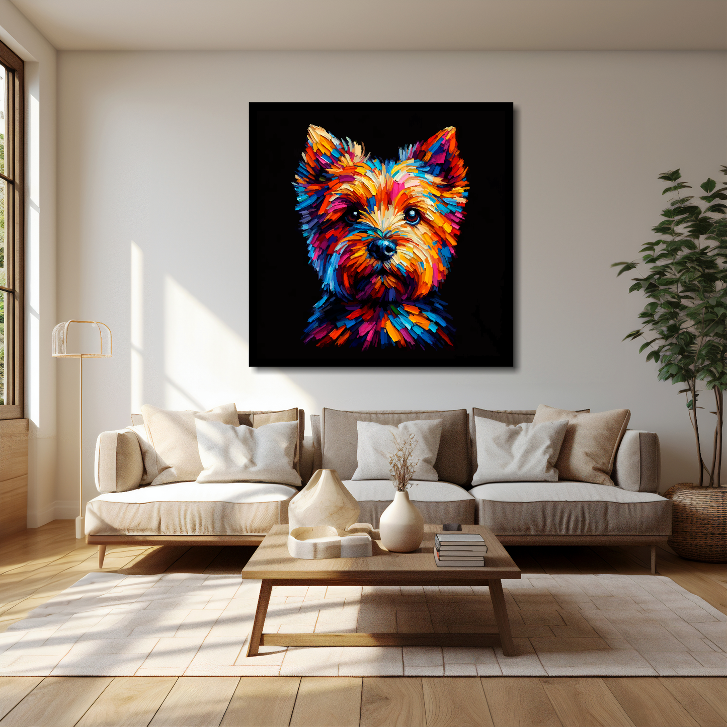 40 inch by 40 inch square canvas featuring a multi-coloured Norfolk Terrier dog portrait. Mounted on a cream wall above a cream sofa with decorative pillows.