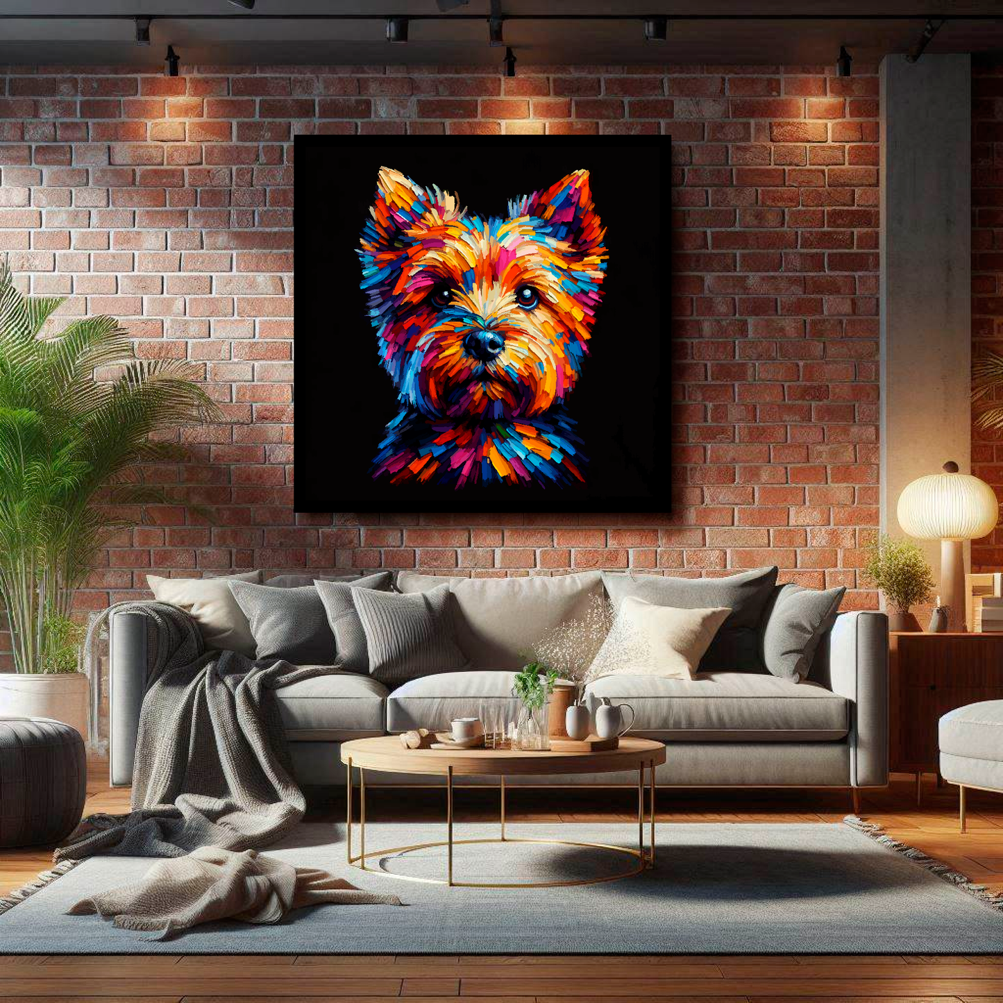 Large square canvas featuring a multi-coloured Norfolk Terrier dog portrait. Mounted on a brick wall above a grey sofa with decorative pillows.
