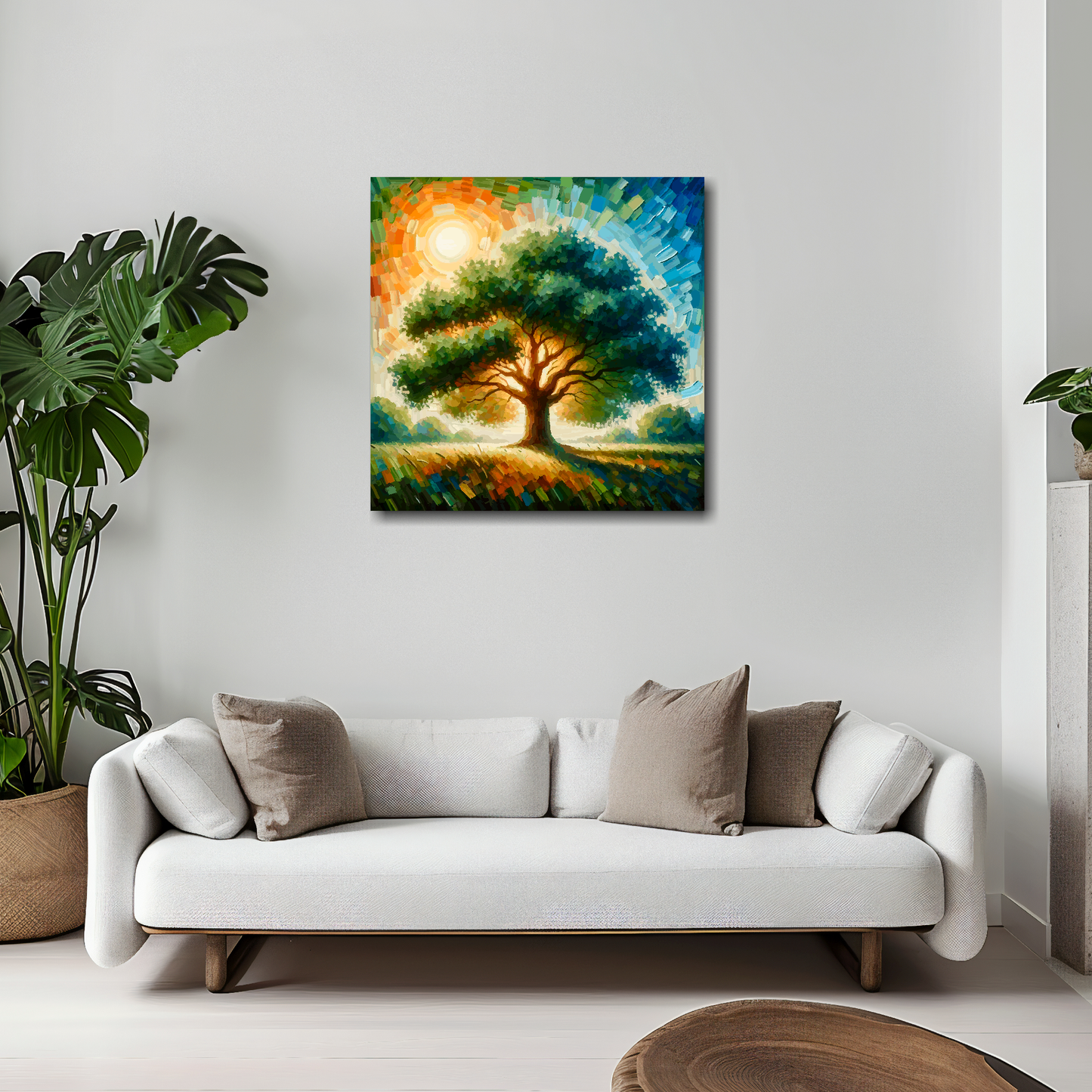 20 inch by 20 inch square canvas featuring a Oak Tree. Mounted on a white wall above a white sofa with decorative pillows.