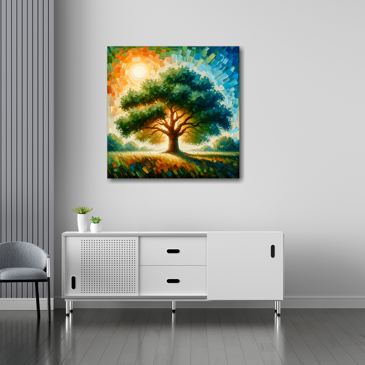 30 inch by 30 inch square canvas featuring a Oak Tree. Mounted on a white wall above a white sideboard.