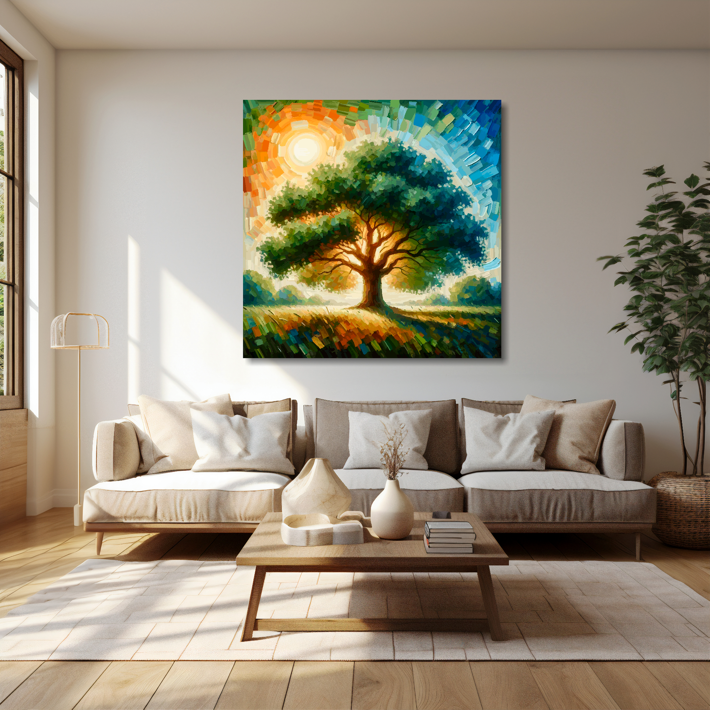 40 inch by 40 inch square canvas featuring a Oak Tree. Mounted on a cream wall above a cream sofa with decorative pillows.