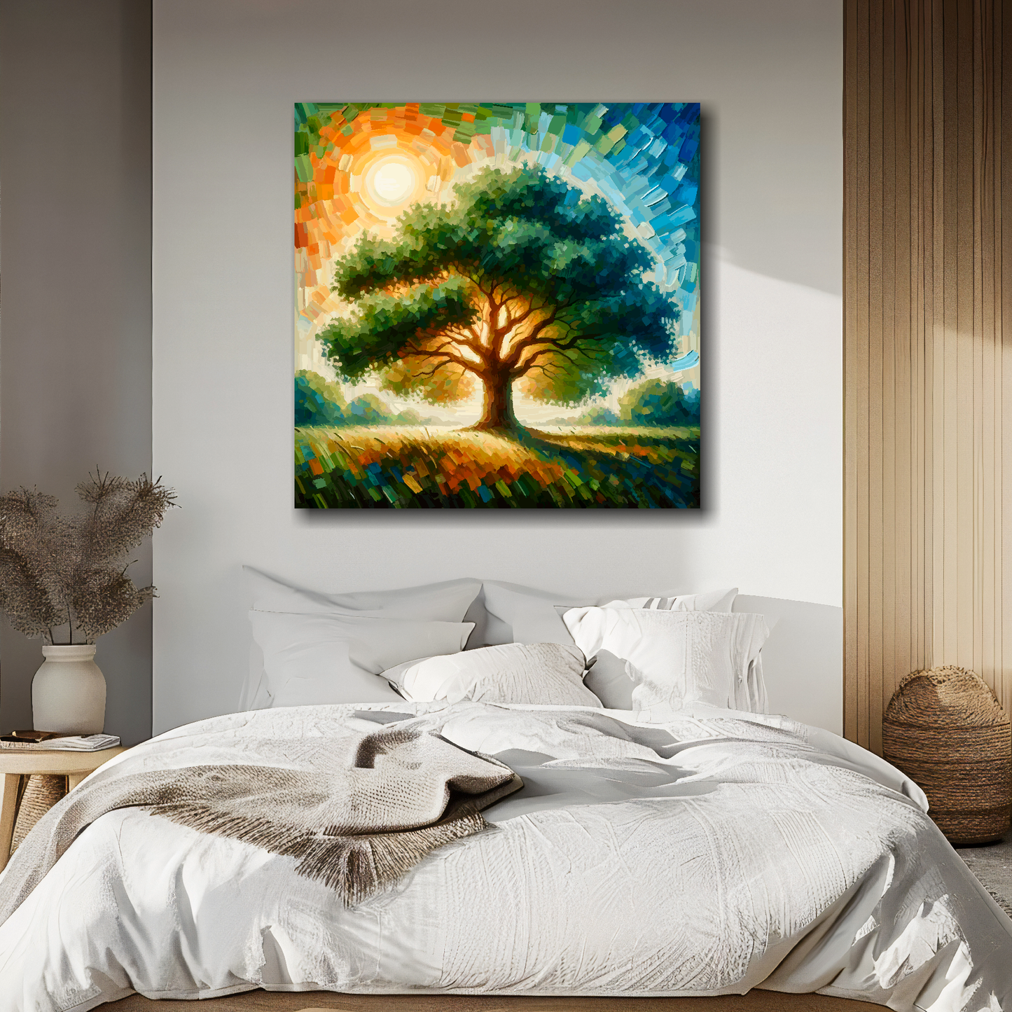 XL square canvas featuring a Oak Tree. Mounted on a white wall above a double bed.