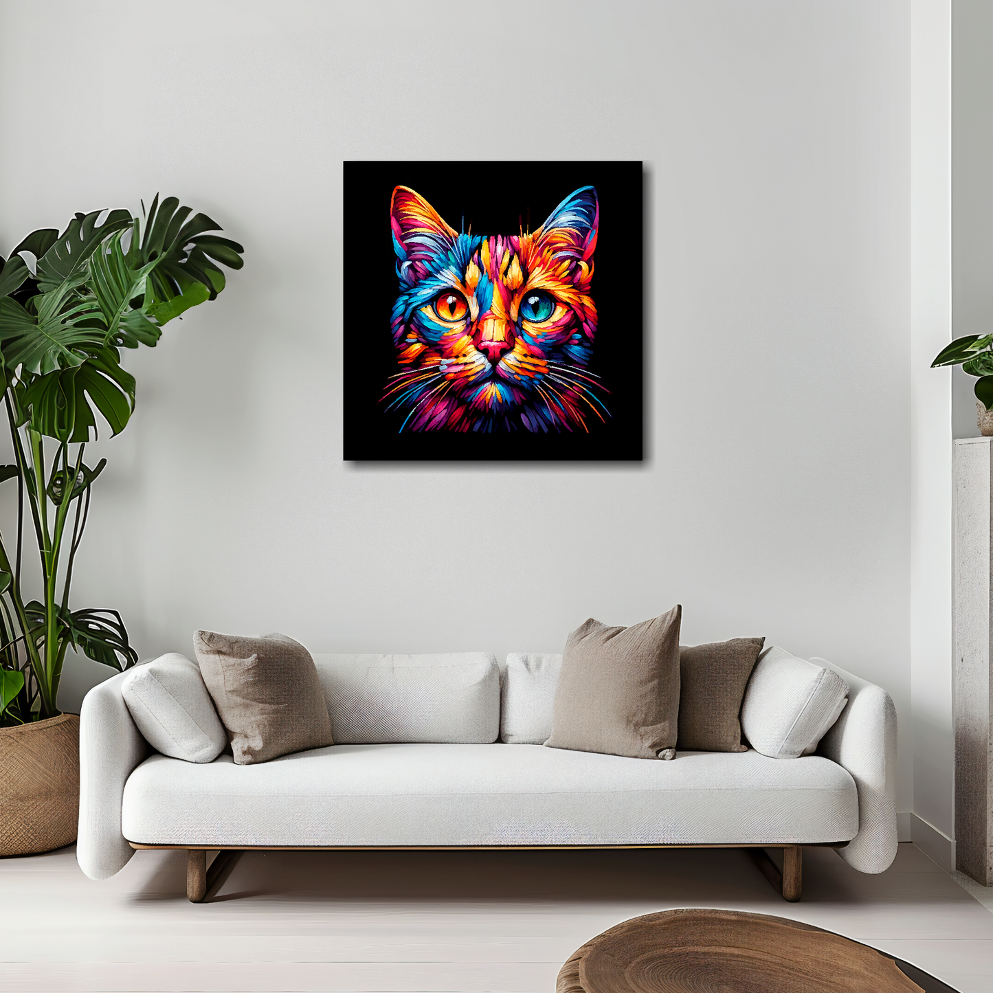 20 inch by 20 inch square canvas of a colourful Ocicat head portrait on a black background. Mounted on a white wall above a white sofa with decorative pillows.