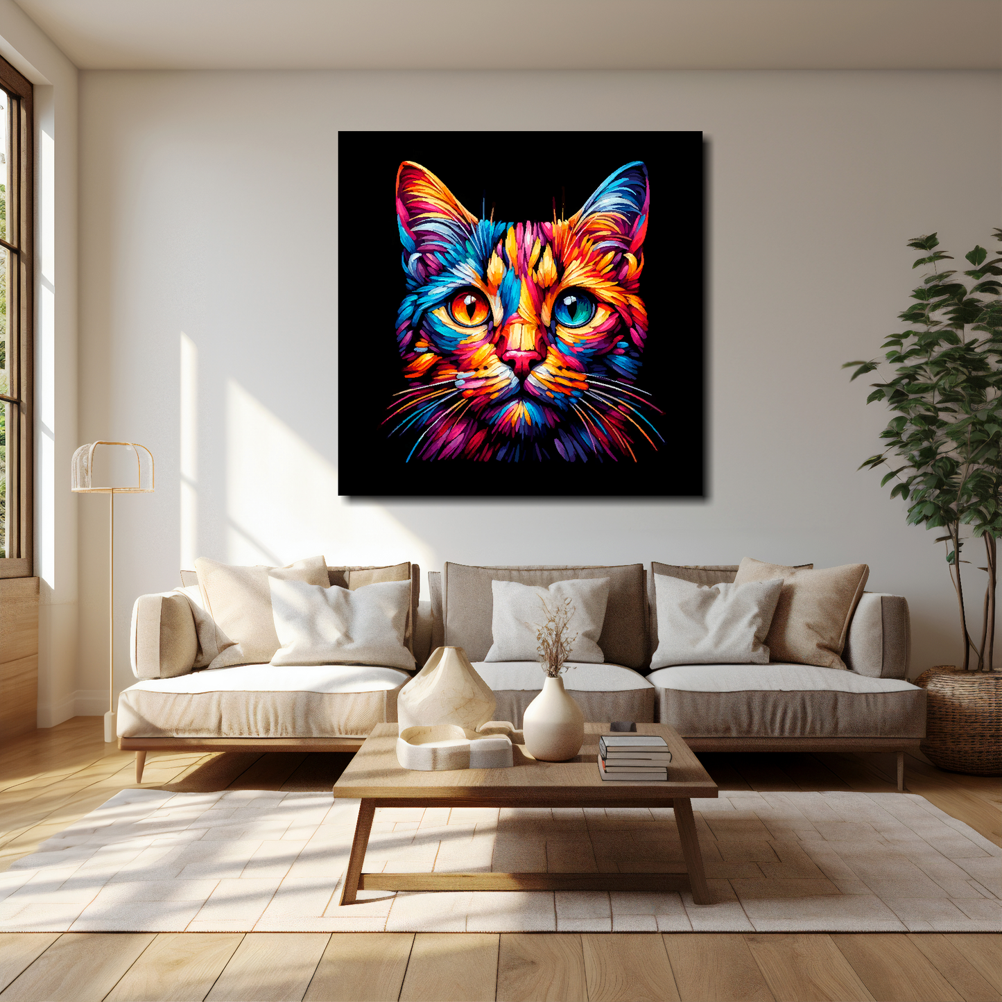 40 inch by 40 inch square canvas of a colourful Ocicat head portrait on a black background. Mounted on a white wall above a cream sofa with decorative pillows.