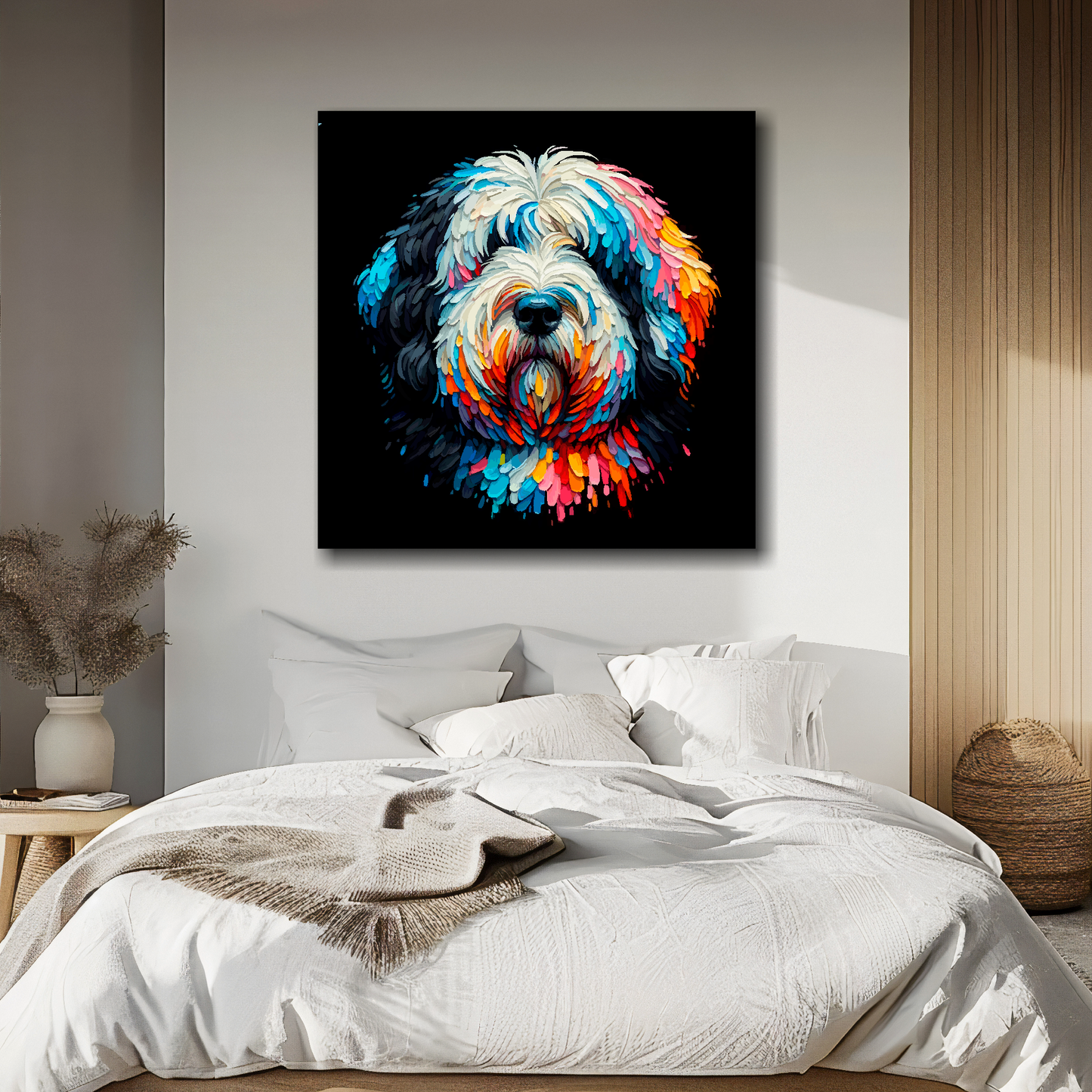 Large canvas featuring a multi-coloured Old English Sheepdog portrait. Mounted on a white wall above a double bed.