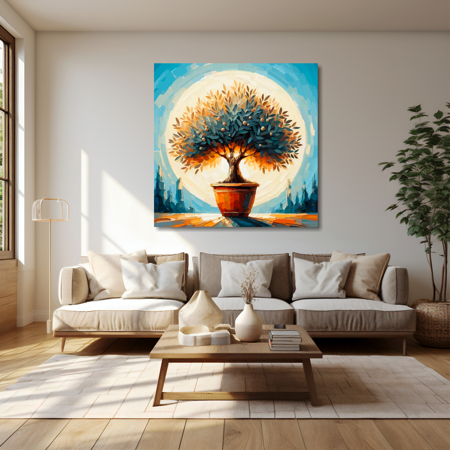 40 inch by 40 inch square canvas featuring a Olive Tree. Mounted on a cream wall above a cream sofa with decorative pillows.
