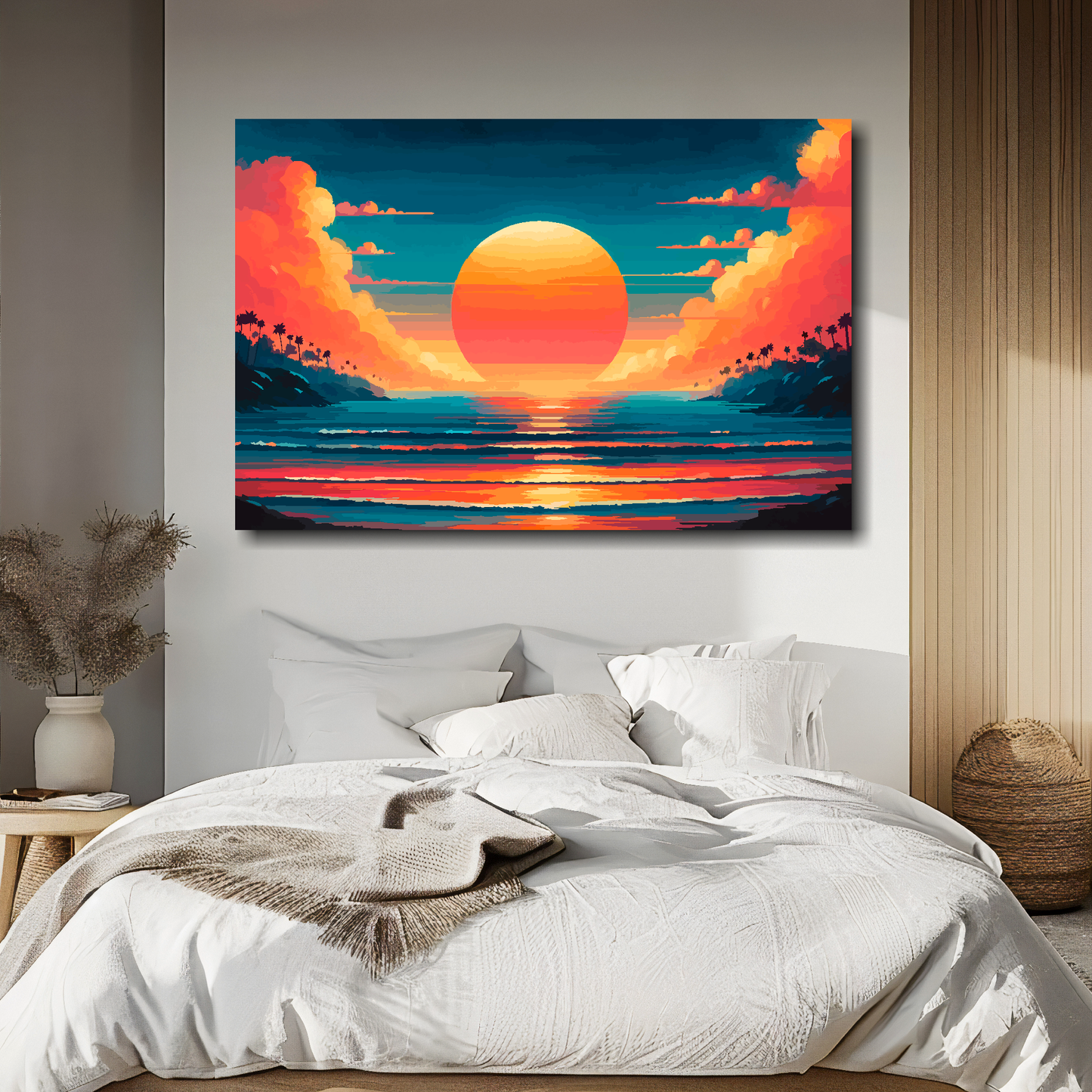 Bedroom with a sunset over water painting on the wall